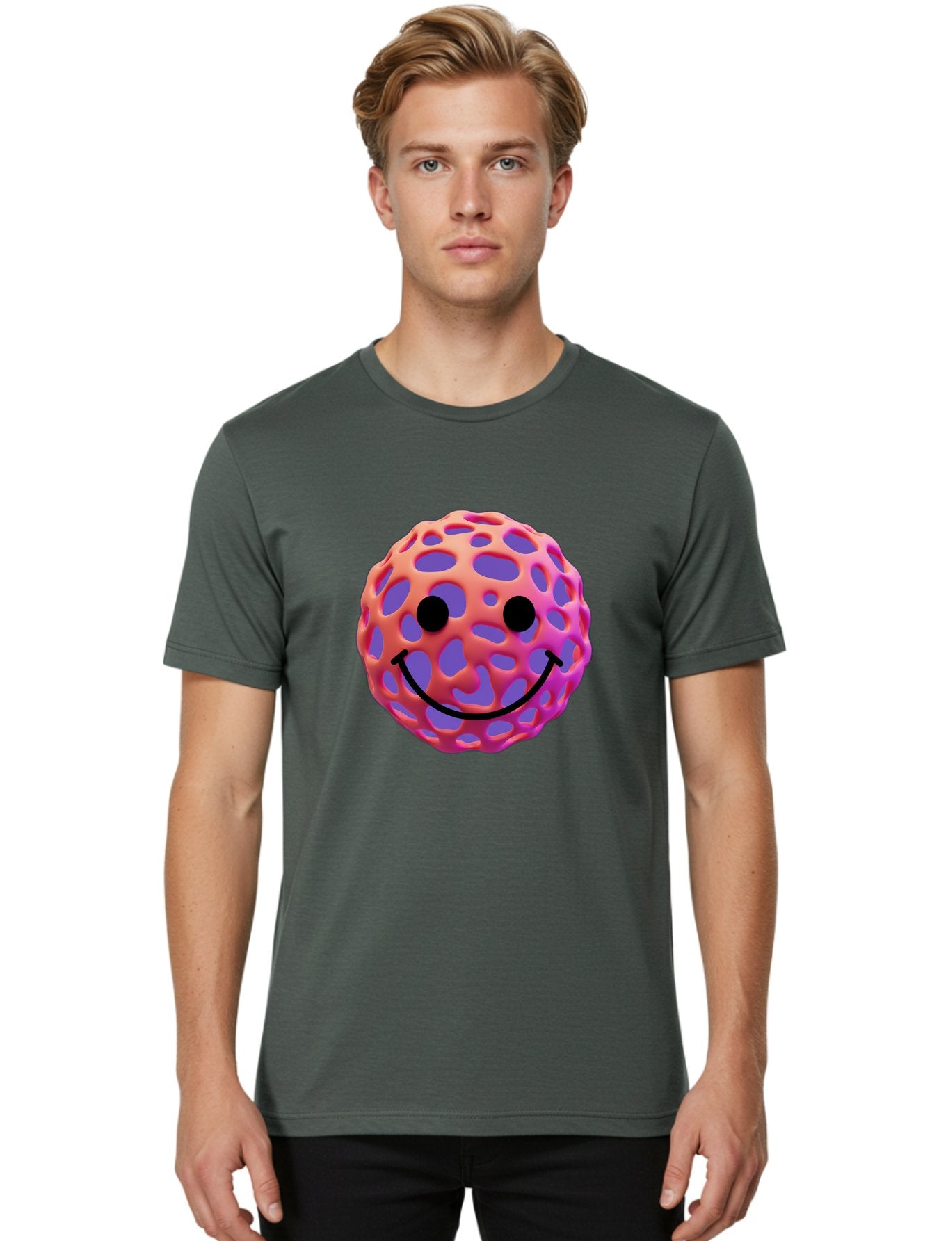Smiley-Virus Men'S Graphic Tee, 100% Cotton, Comfortable Casual Summer Wear, Machine Washable, Smiley Face, Happy Emoji, Pink And Orange Gradient, Playful Design, 3D Illustration, Digital Art, Cute Character, Smiley Emoticon, Emoticon Bae761 19