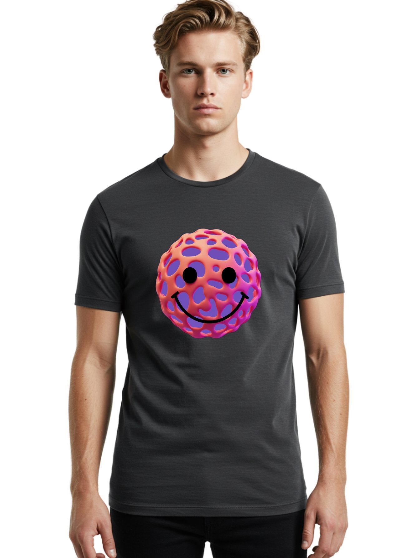 Smiley-Virus Men'S Graphic Tee, 100% Cotton, Comfortable Casual Summer Wear, Machine Washable, Smiley Face, Happy Emoji, Pink And Orange Gradient, Playful Design, 3D Illustration, Digital Art, Cute Character, Smiley Emoticon, Emoticon Bae761 16