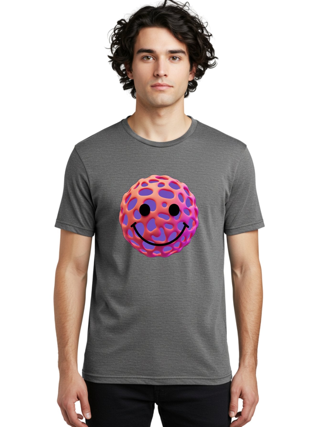 Smiley-Virus Men'S Graphic Tee, 100% Cotton, Comfortable Casual Summer Wear, Machine Washable, Smiley Face, Happy Emoji, Pink And Orange Gradient, Playful Design, 3D Illustration, Digital Art, Cute Character, Smiley Emoticon, Emoticon Bae761 17
