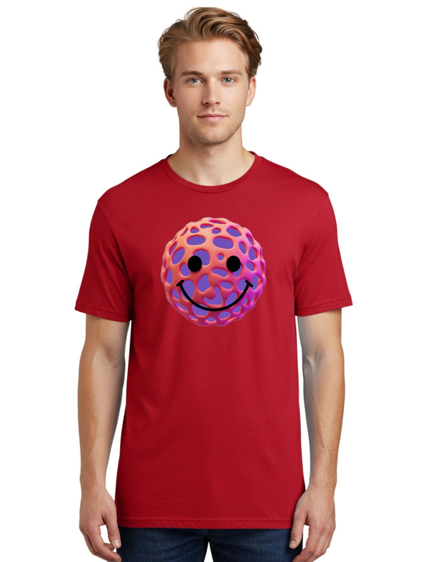 Smiley-Virus Men'S Graphic Tee, 100% Cotton, Comfortable Casual Summer Wear, Machine Washable, Smiley Face, Happy Emoji, Pink And Orange Gradient, Playful Design, 3D Illustration, Digital Art, Cute Character, Smiley Emoticon, Emoticon Bae761 21