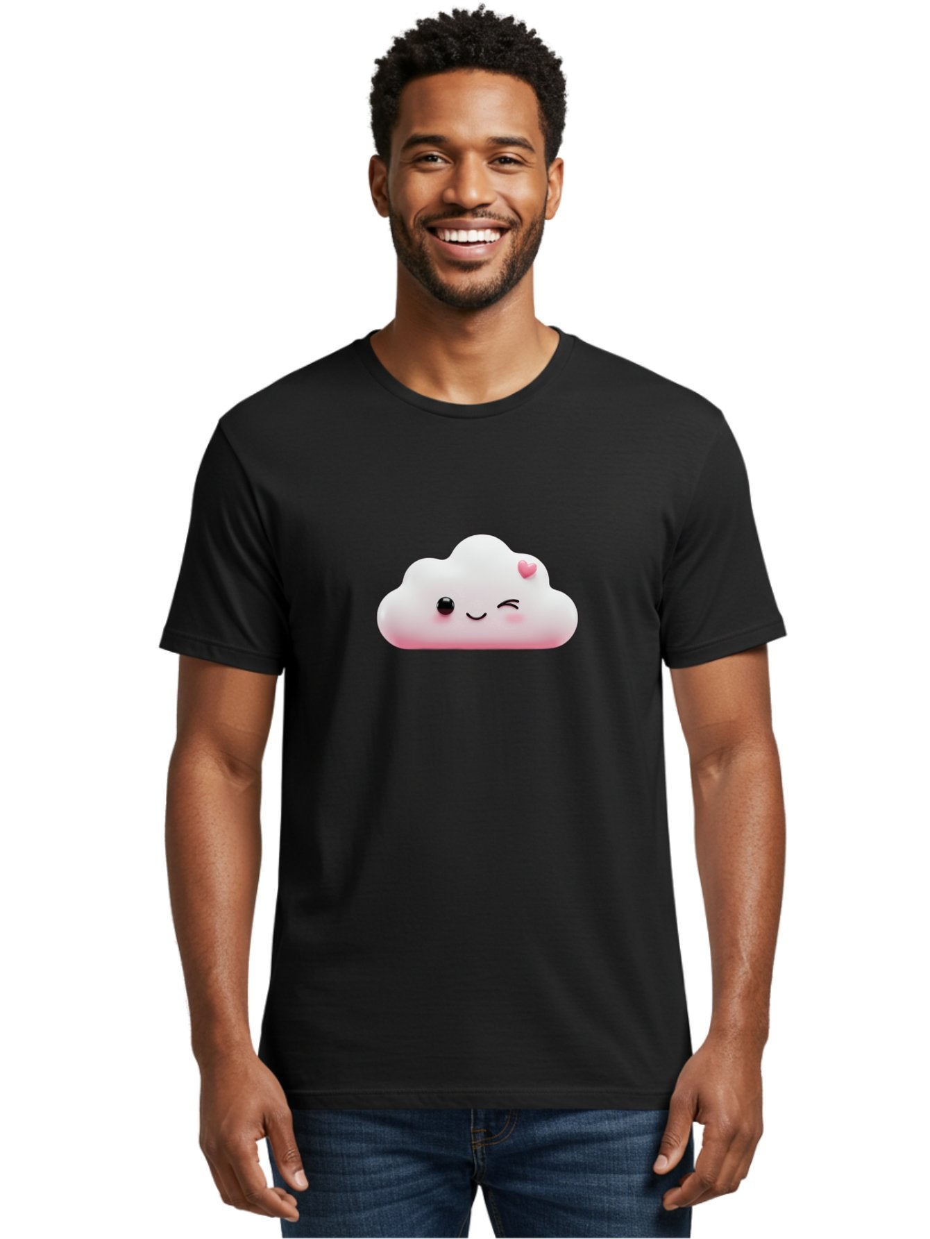 Smiling-Cloud-2 Men'S Graphic Tee, 100% Cotton, Comfortable Casual Summer Wear, Machine Washable, Cartoon Cloud, Smiling Face, Kawaii Character, Cute Emoji, Soft Pink Colors, Winking Eye, Rosy Cheeks, Adorable Illustration, Digital Art, Bae763 25