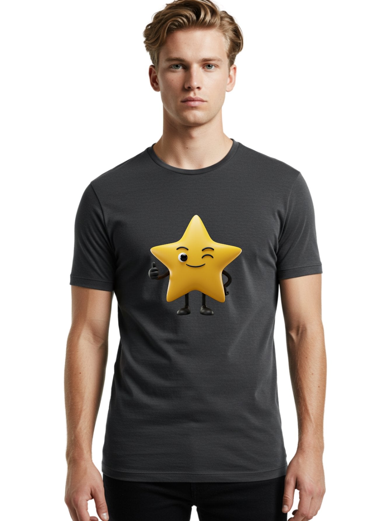Smiling-Star-3 Men'S Graphic Tee, 100% Cotton, Comfortable Casual Summer Wear, Machine Washable, Happy Star, Cartoon Character, Yellow Star, Thumbs Up, Smiling Face, One Eye, Black Legs, Fun Design, Playful Illustration, Positive Vibes, Bae769 17