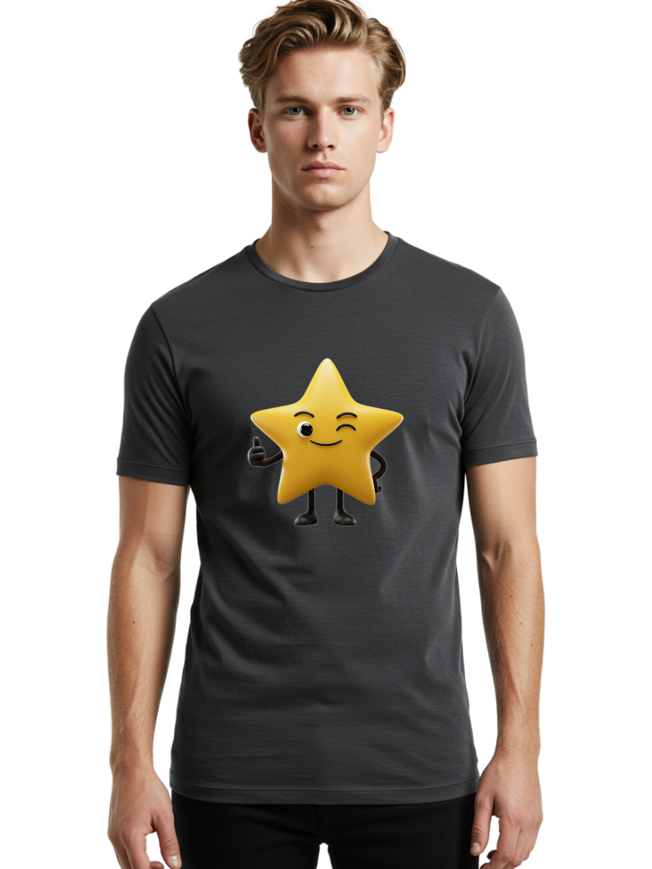 Smiling-Star-3 Men'S Graphic Tee, 100% Cotton, Comfortable Casual Summer Wear, Machine Washable, Happy Star, Cartoon Character, Yellow Star, Thumbs Up, Smiling Face, One Eye, Black Legs, Fun Design, Playful Illustration, Positive Vibes, Bae769 29