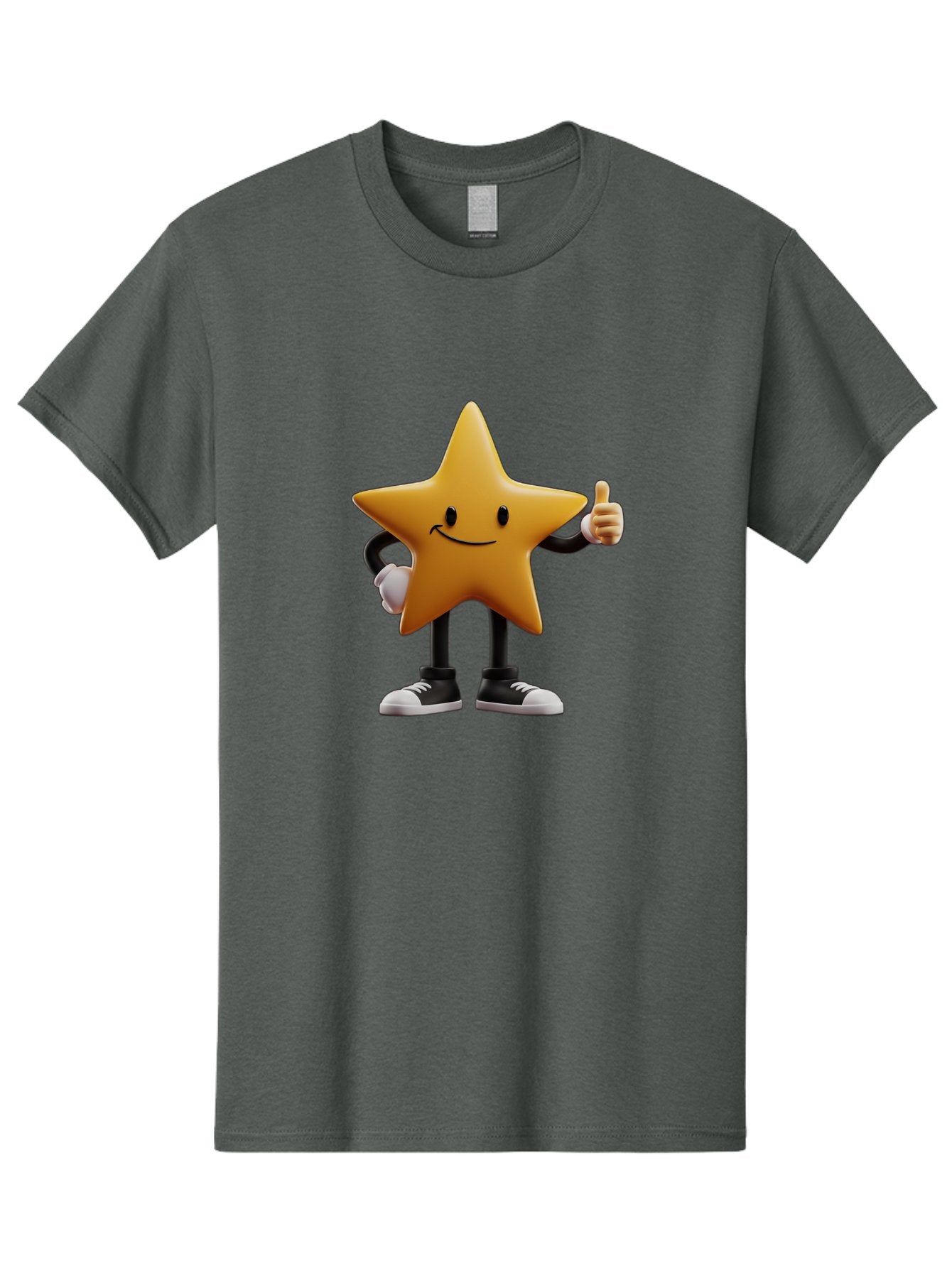 Smiling-Star-4 Men'S Graphic Tee, 100% Cotton, Comfortable Casual Summer Wear, Machine Washable, Smiling Star Character, Thumbs Up Approval, Happy Expression, Cartoon Style, Yellow Star, Black Legs, White Gloves, Black And White Shoes, Bae770