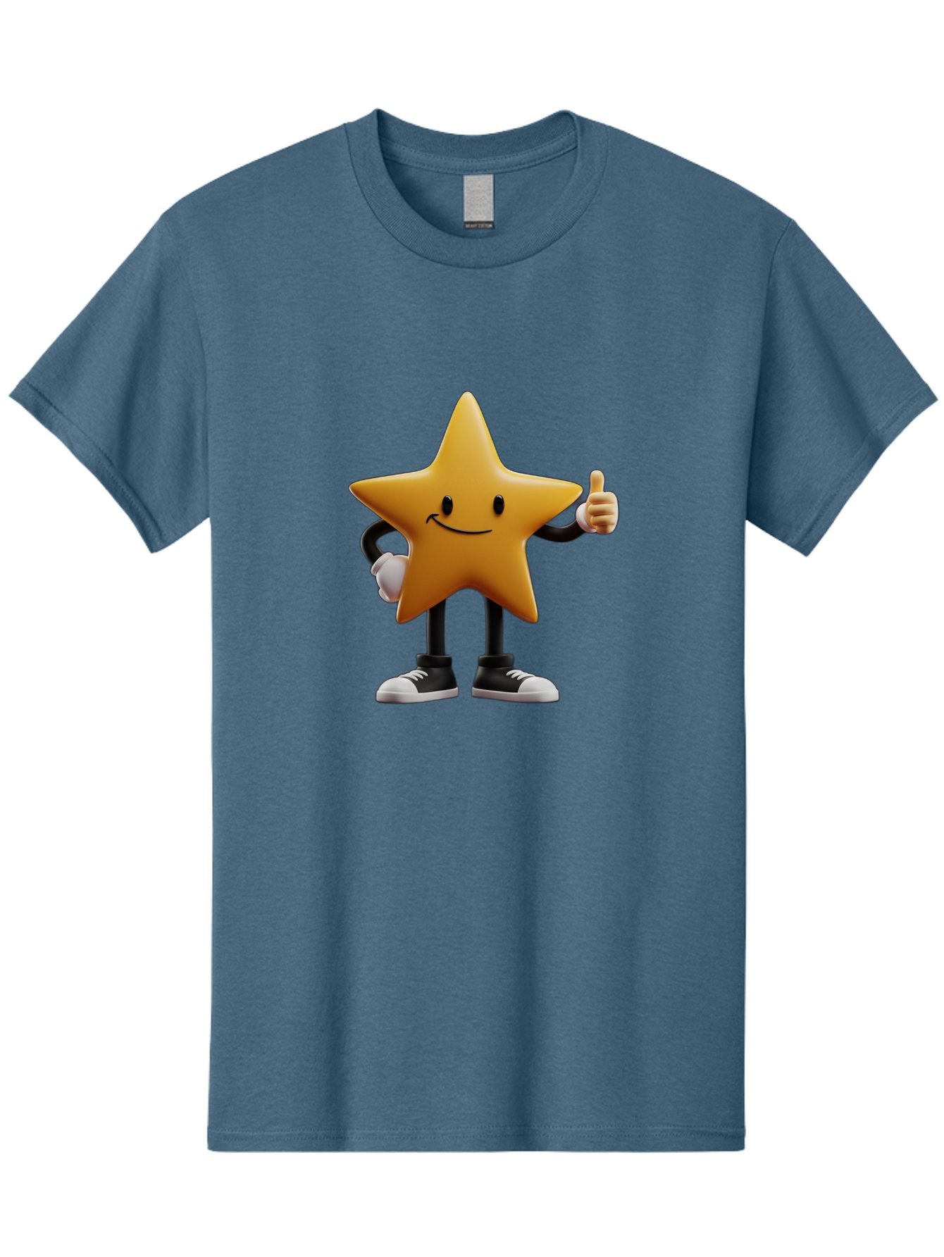 Smiling-Star-4 Men'S Graphic Tee, 100% Cotton, Comfortable Casual Summer Wear, Machine Washable, Smiling Star Character, Thumbs Up Approval, Happy Expression, Cartoon Style, Yellow Star, Black Legs, White Gloves, Black And White Shoes, Bae770 6