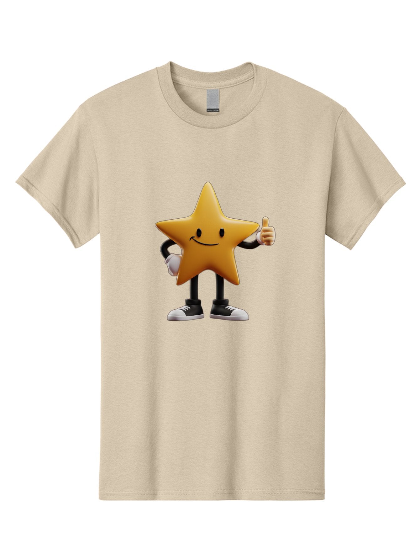 Smiling-Star-4 Men'S Graphic Tee, 100% Cotton, Comfortable Casual Summer Wear, Machine Washable, Smiling Star Character, Thumbs Up Approval, Happy Expression, Cartoon Style, Yellow Star, Black Legs, White Gloves, Black And White Shoes, Bae770 10