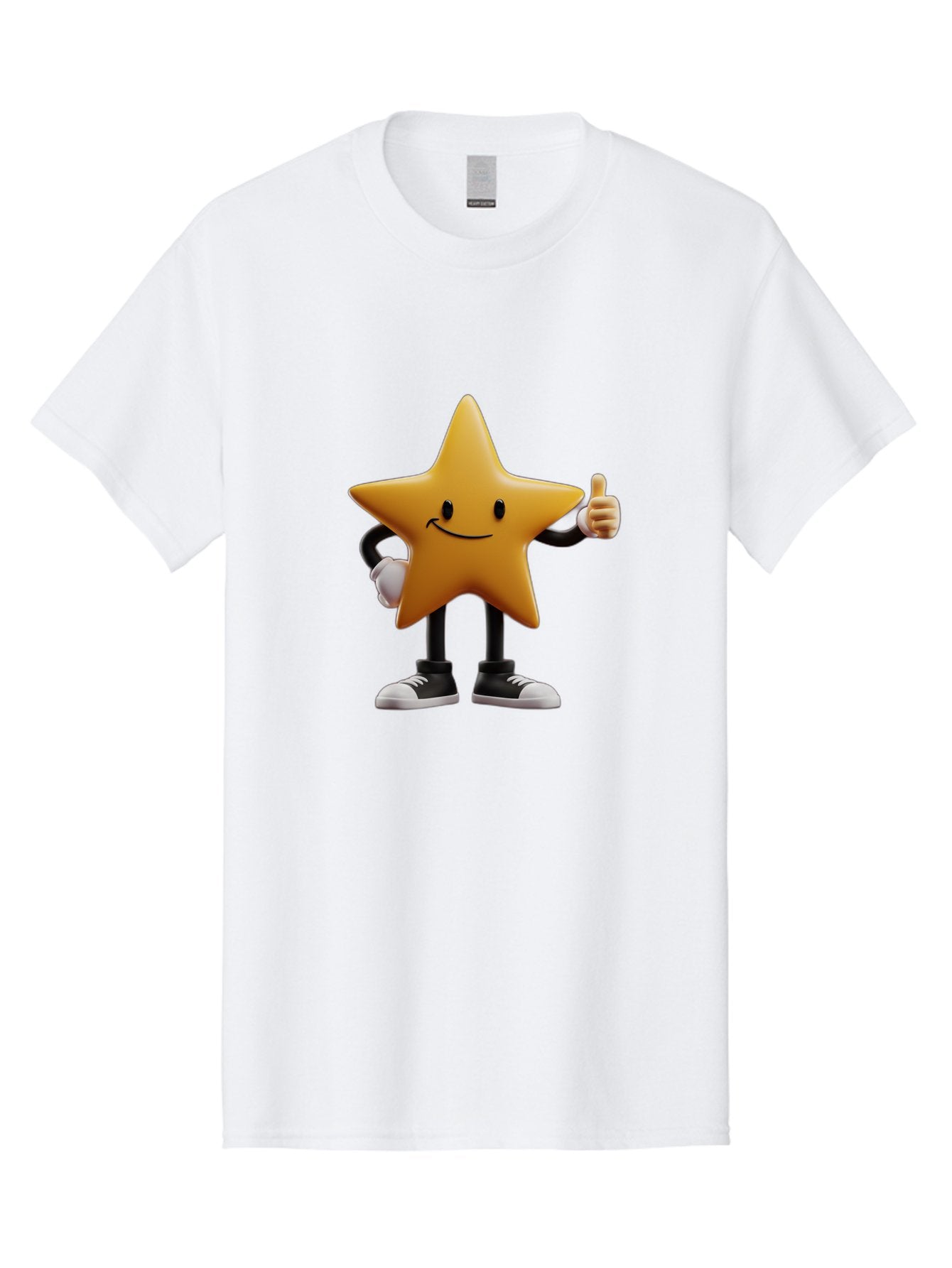 Smiling-Star-4 Men'S Graphic Tee, 100% Cotton, Comfortable Casual Summer Wear, Machine Washable, Smiling Star Character, Thumbs Up Approval, Happy Expression, Cartoon Style, Yellow Star, Black Legs, White Gloves, Black And White Shoes, Bae770