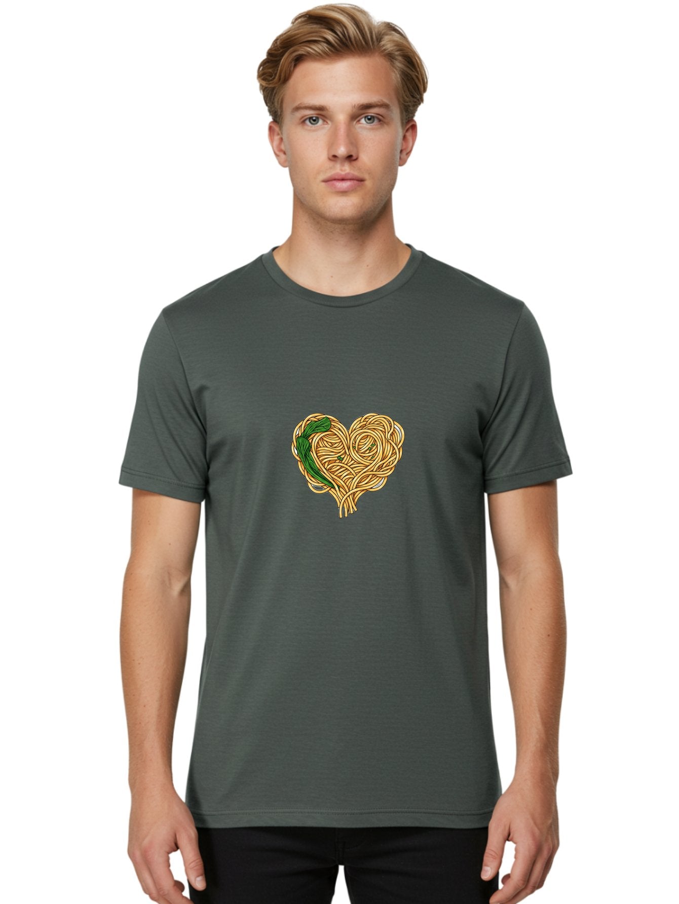 Spaghetti-Heart Men'S Graphic Tee, 100% Cotton, Comfortable Casual Summer Wear, Machine Washable, Spaghetti In Heart Shape, Tangled Noodles, Basil Leaves, Italian Cuisine, Pasta Art, Food Illustration, Culinary Design, Love Theme Bae774 21