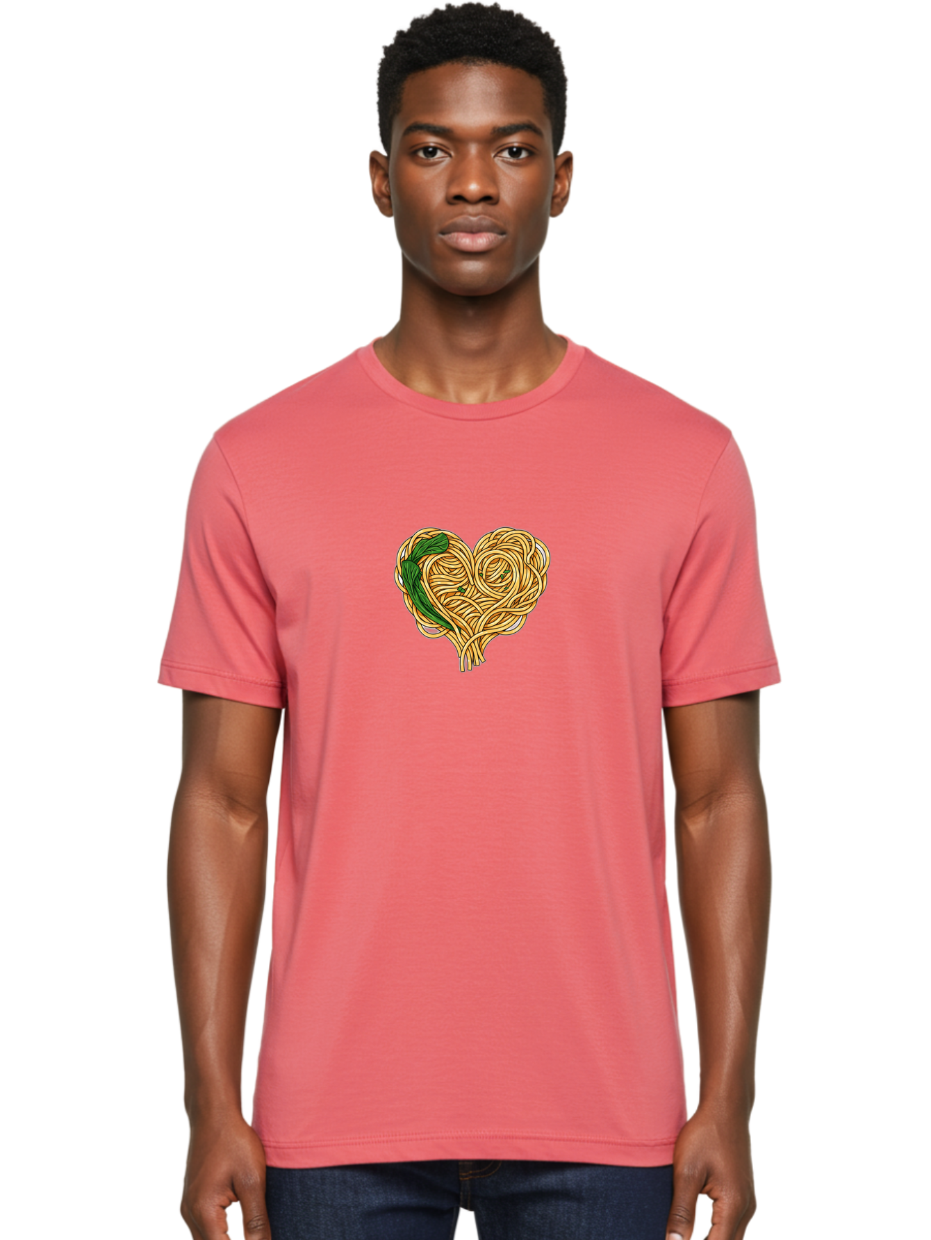 Spaghetti-Heart Men'S Graphic Tee, 100% Cotton, Comfortable Casual Summer Wear, Machine Washable, Spaghetti In Heart Shape, Tangled Noodles, Basil Leaves, Italian Cuisine, Pasta Art, Food Illustration, Culinary Design, Love Theme Bae774 24