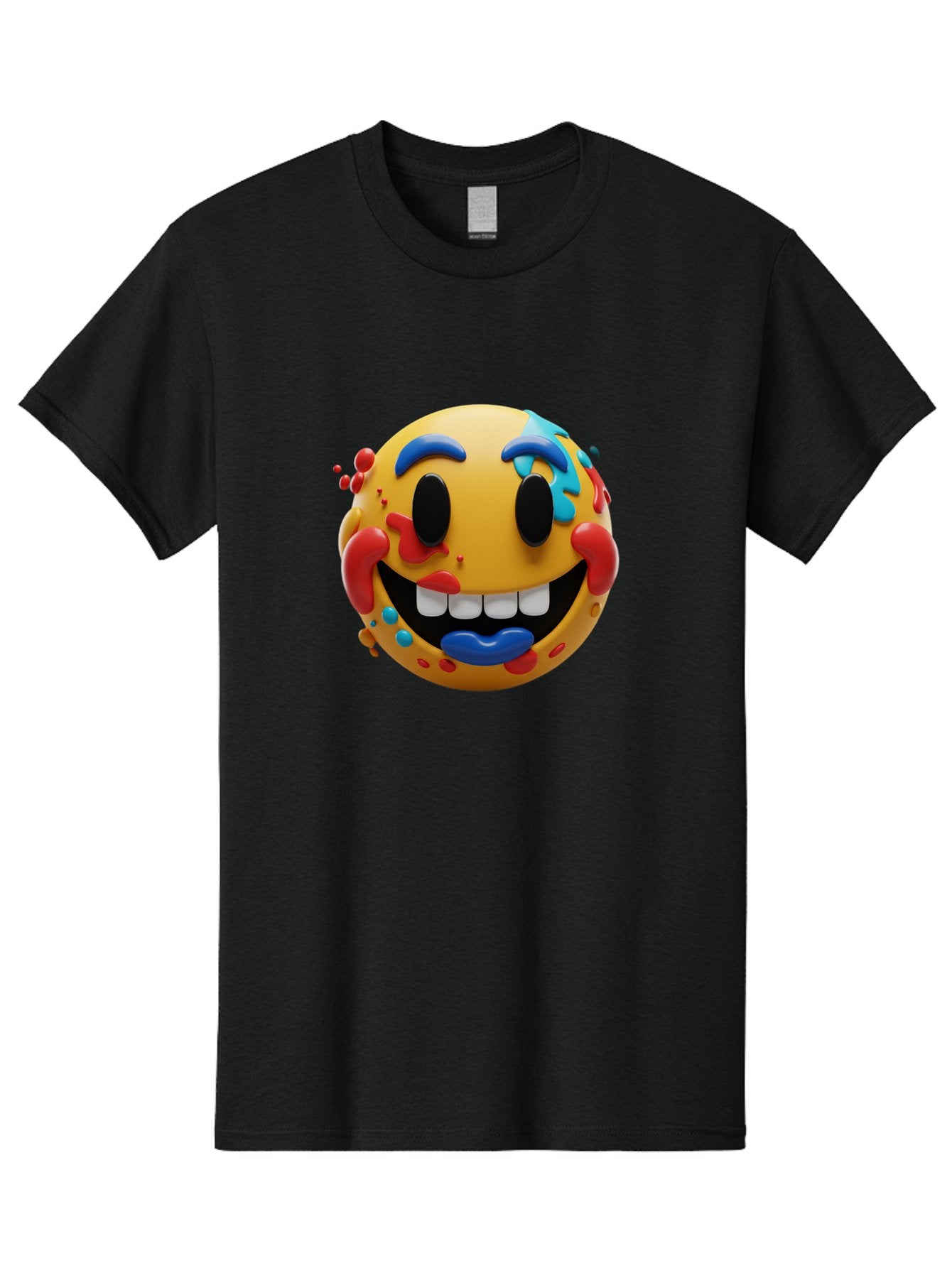 Splattered-Emoji Men'S Graphic Tee, 100% Cotton, Comfortable Casual Summer Wear, Machine Washable, 3D Smiley Face, Cartoon Character, Happy Expression, Vibrant Colors, Paint Splatters, Funny Emoji, Playful Design, Yellow Face, Blue Eyebrows, Bae775 9