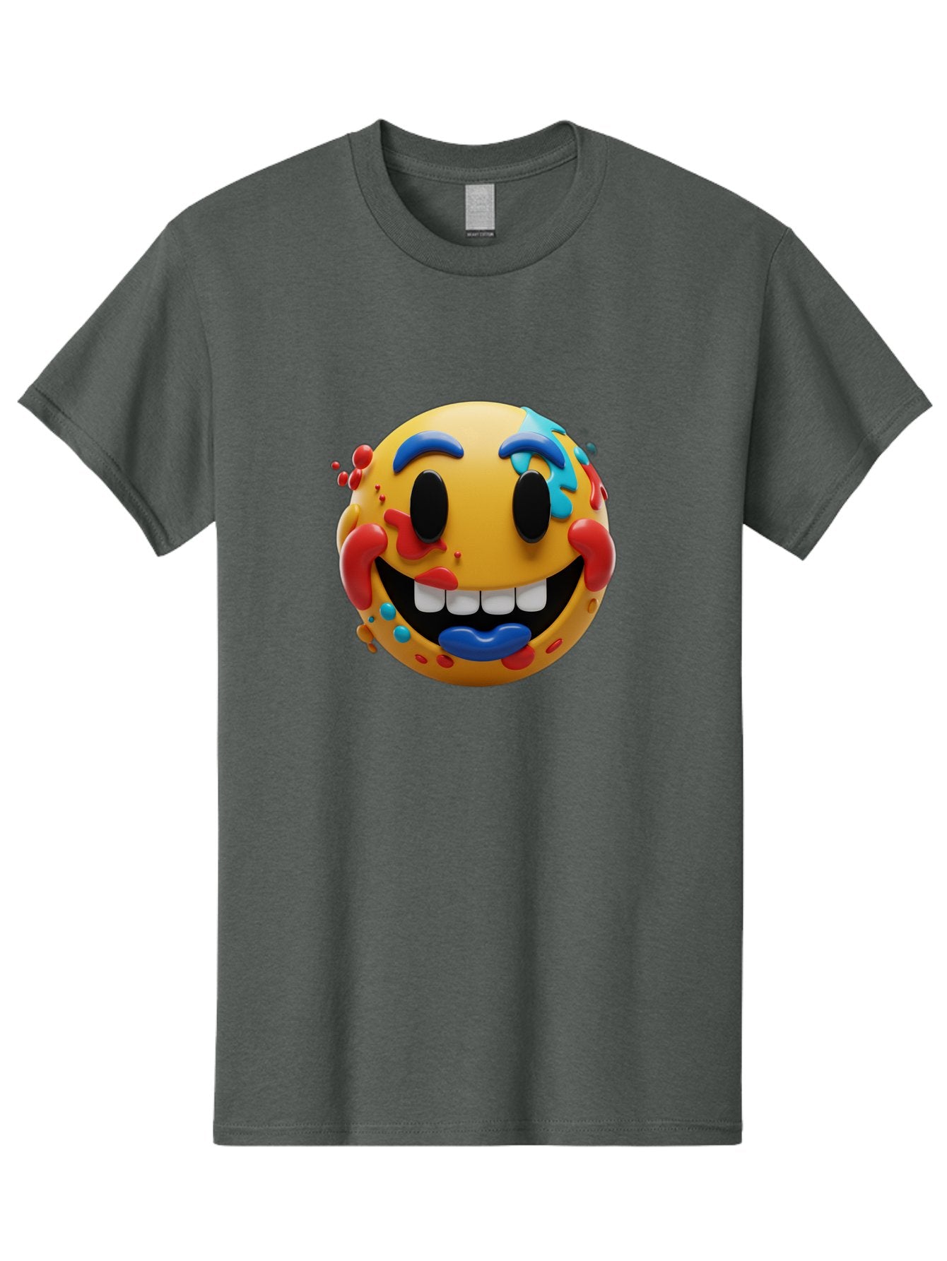 Splattered-Emoji Men'S Graphic Tee, 100% Cotton, Comfortable Casual Summer Wear, Machine Washable, 3D Smiley Face, Cartoon Character, Happy Expression, Vibrant Colors, Paint Splatters, Funny Emoji, Playful Design, Yellow Face, Blue Eyebrows, Bae775 11