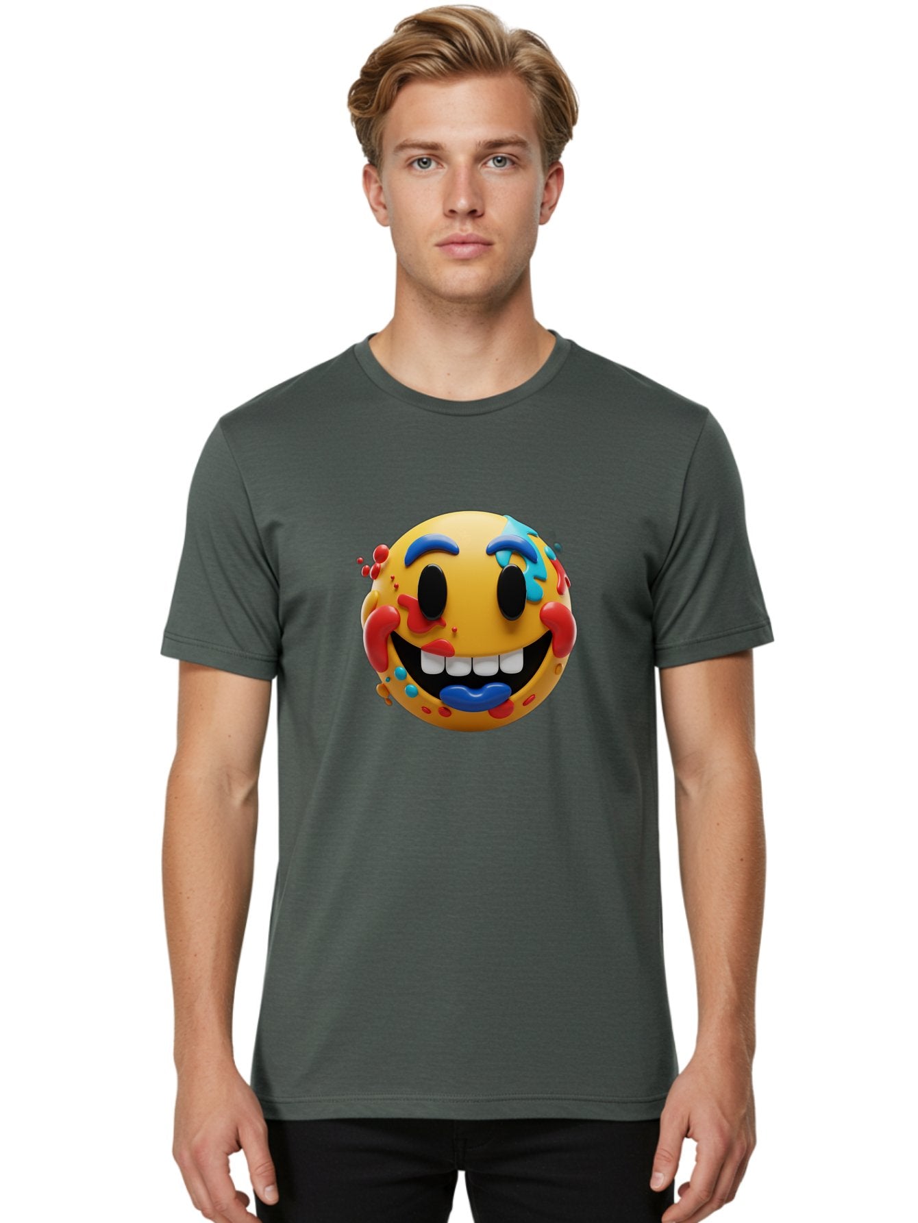 Splattered-Emoji Men'S Graphic Tee, 100% Cotton, Comfortable Casual Summer Wear, Machine Washable, 3D Smiley Face, Cartoon Character, Happy Expression, Vibrant Colors, Paint Splatters, Funny Emoji, Playful Design, Yellow Face, Blue Eyebrows, Bae775 27