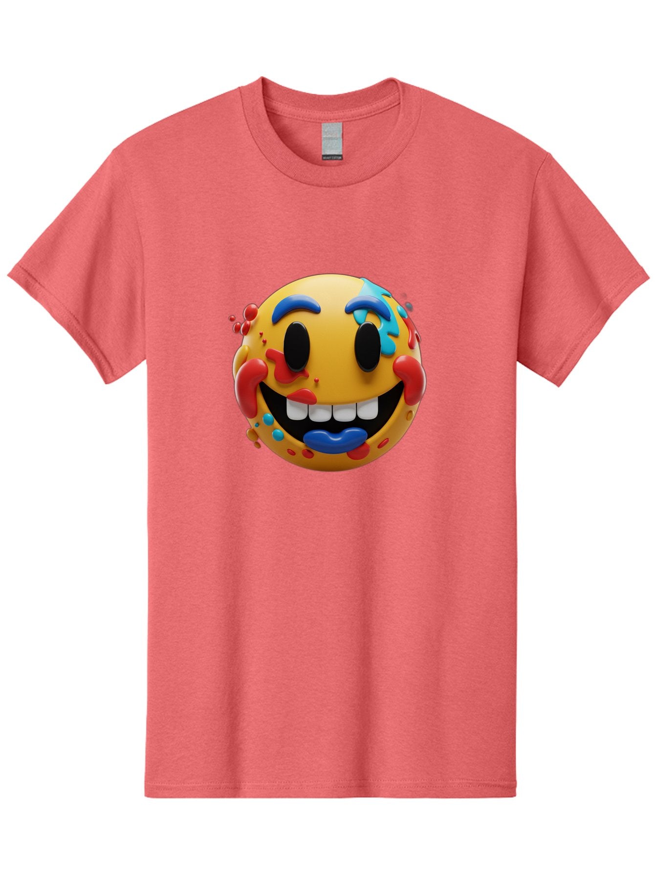 Splattered-Emoji Men'S Graphic Tee, 100% Cotton, Comfortable Casual Summer Wear, Machine Washable, 3D Smiley Face, Cartoon Character, Happy Expression, Vibrant Colors, Paint Splatters, Funny Emoji, Playful Design, Yellow Face, Blue Eyebrows, Bae775 10