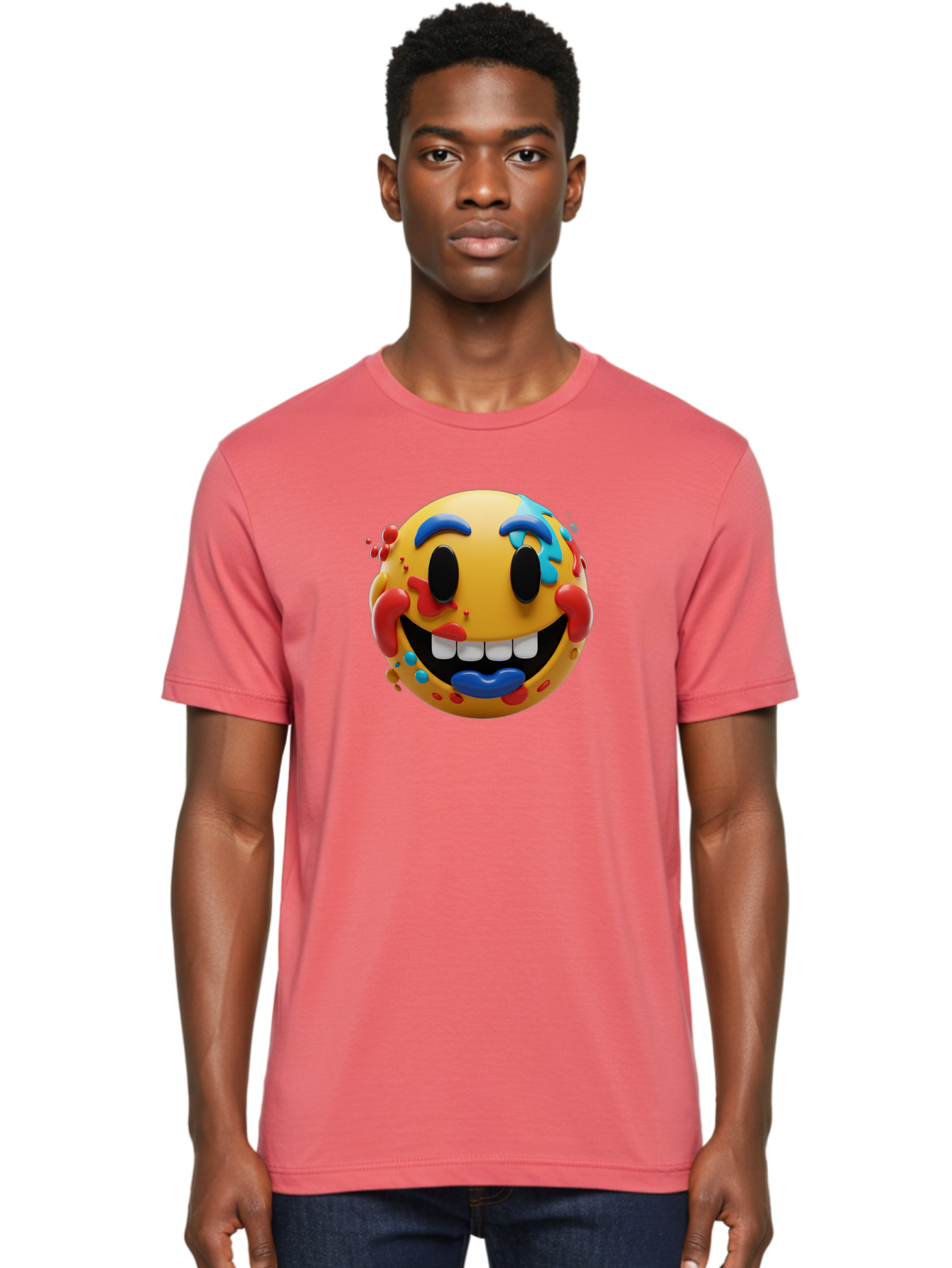 Splattered-Emoji Men'S Graphic Tee, 100% Cotton, Comfortable Casual Summer Wear, Machine Washable, 3D Smiley Face, Cartoon Character, Happy Expression, Vibrant Colors, Paint Splatters, Funny Emoji, Playful Design, Yellow Face, Blue Eyebrows, Bae775 29