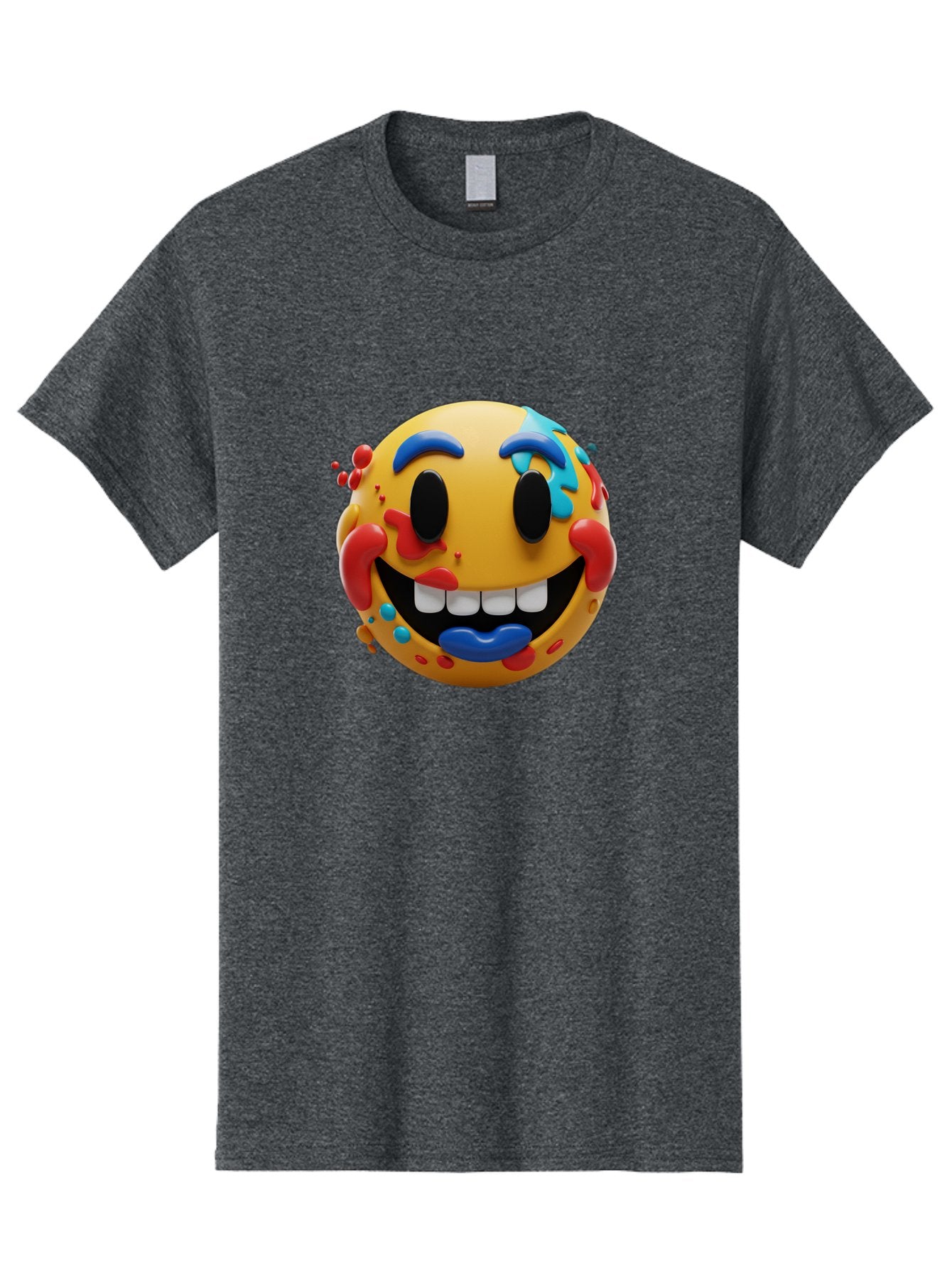 Splattered-Emoji Men'S Graphic Tee, 100% Cotton, Comfortable Casual Summer Wear, Machine Washable, 3D Smiley Face, Cartoon Character, Happy Expression, Vibrant Colors, Paint Splatters, Funny Emoji, Playful Design, Yellow Face, Blue Eyebrows, Bae775 7