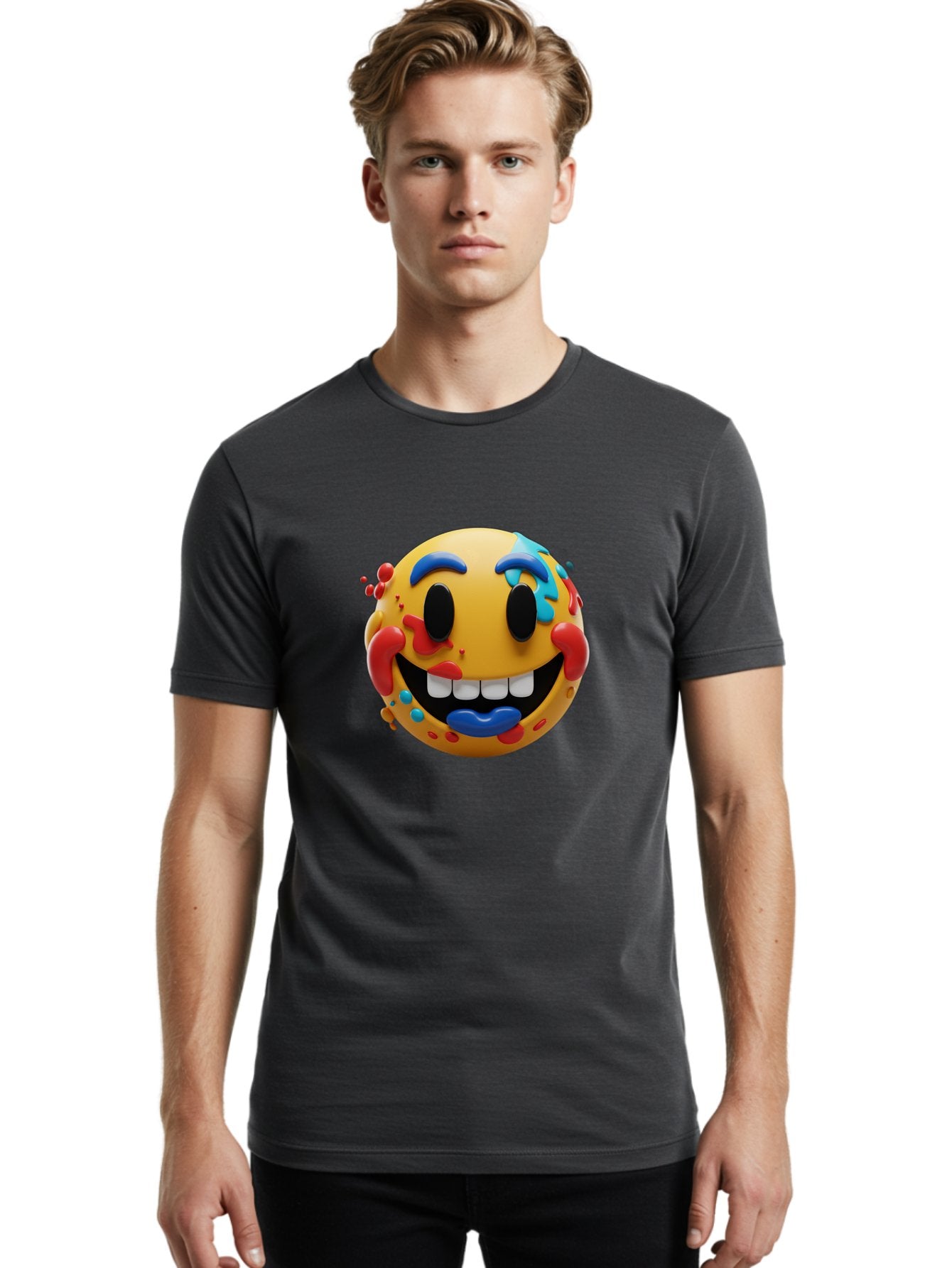 Splattered-Emoji Men'S Graphic Tee, 100% Cotton, Comfortable Casual Summer Wear, Machine Washable, 3D Smiley Face, Cartoon Character, Happy Expression, Vibrant Colors, Paint Splatters, Funny Emoji, Playful Design, Yellow Face, Blue Eyebrows, Bae775 16