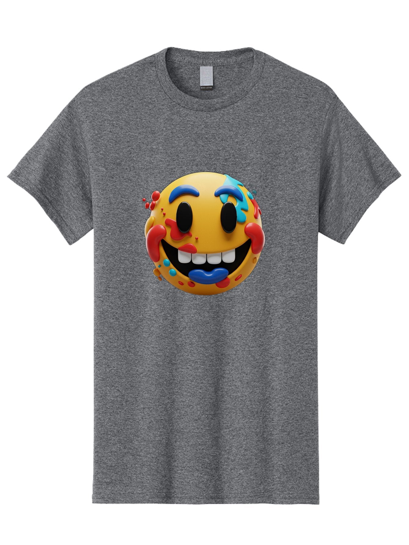 Splattered-Emoji Men'S Graphic Tee, 100% Cotton, Comfortable Casual Summer Wear, Machine Washable, 3D Smiley Face, Cartoon Character, Happy Expression, Vibrant Colors, Paint Splatters, Funny Emoji, Playful Design, Yellow Face, Blue Eyebrows, Bae775 3