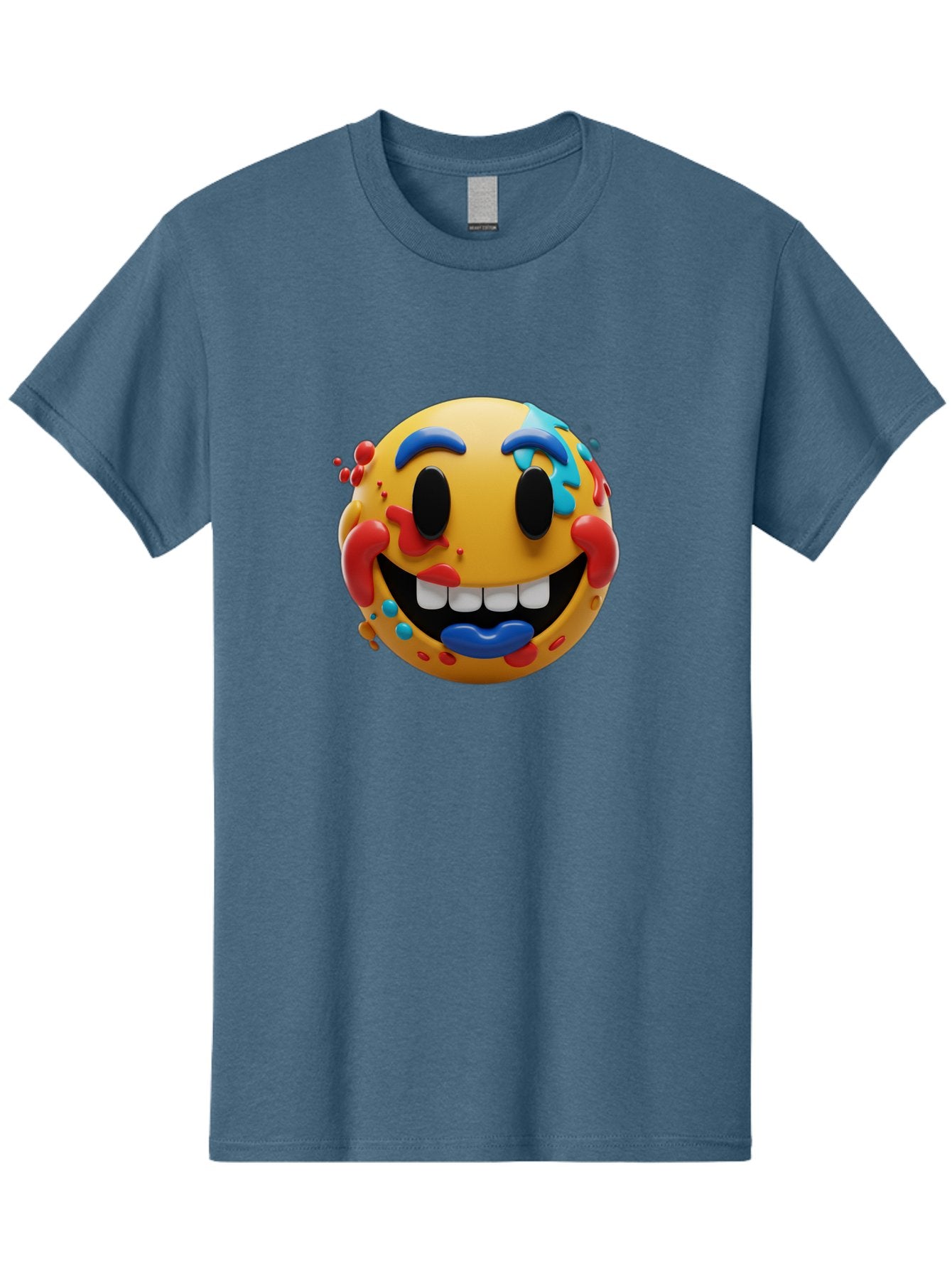 Splattered-Emoji Men'S Graphic Tee, 100% Cotton, Comfortable Casual Summer Wear, Machine Washable, 3D Smiley Face, Cartoon Character, Happy Expression, Vibrant Colors, Paint Splatters, Funny Emoji, Playful Design, Yellow Face, Blue Eyebrows, Bae775 13