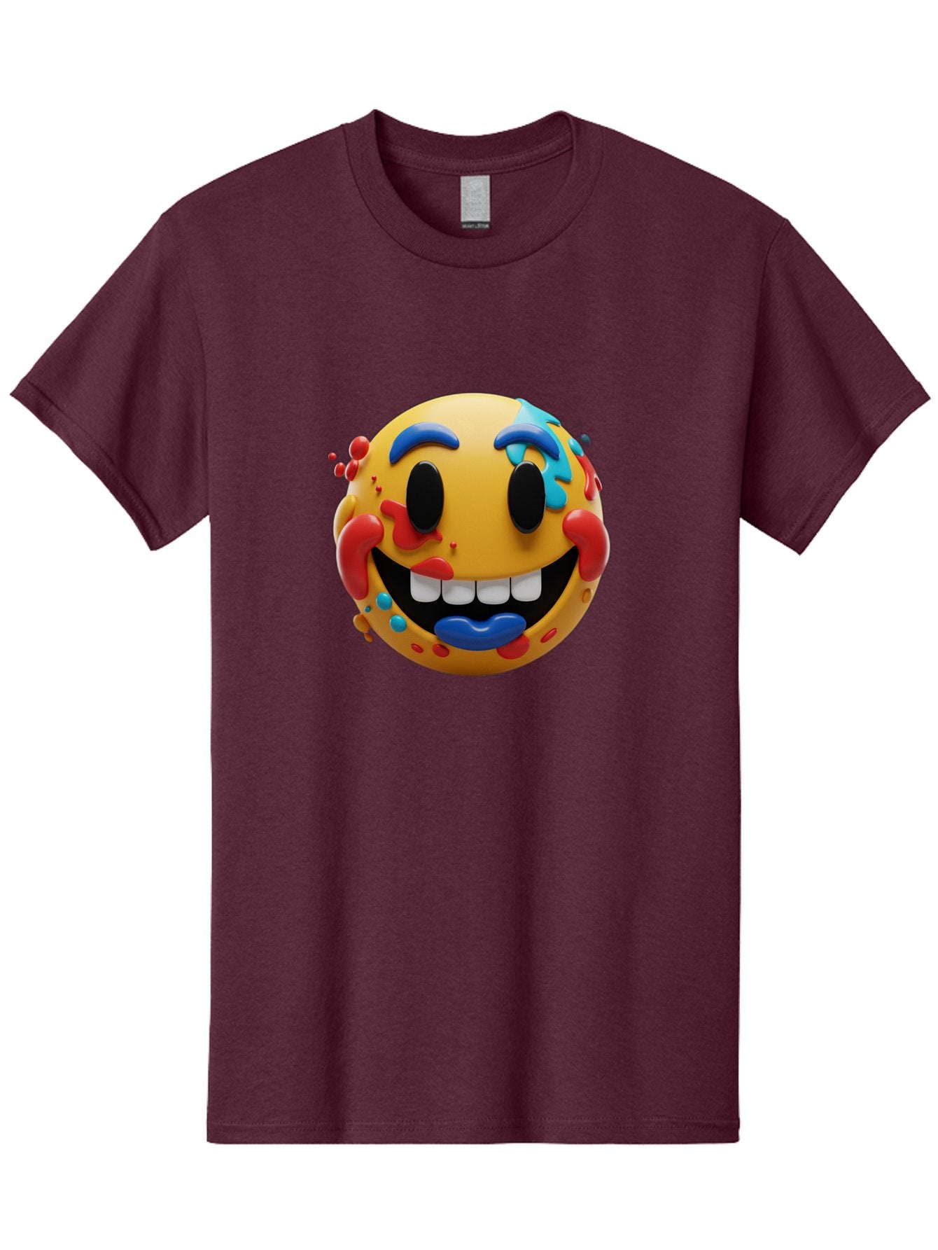 Splattered-Emoji Men'S Graphic Tee, 100% Cotton, Comfortable Casual Summer Wear, Machine Washable, 3D Smiley Face, Cartoon Character, Happy Expression, Vibrant Colors, Paint Splatters, Funny Emoji, Playful Design, Yellow Face, Blue Eyebrows, Bae775 6