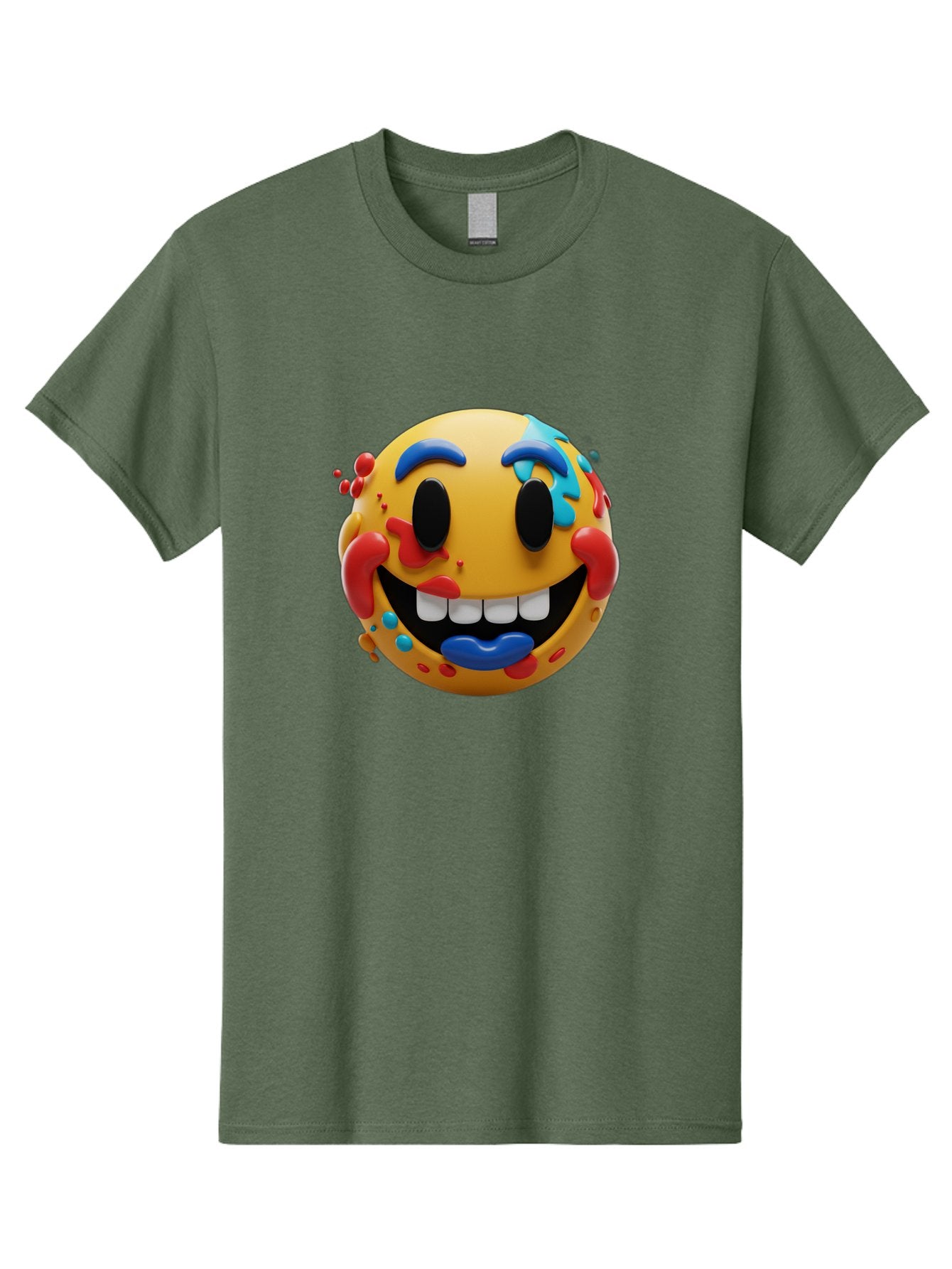 Splattered-Emoji Men'S Graphic Tee, 100% Cotton, Comfortable Casual Summer Wear, Machine Washable, 3D Smiley Face, Cartoon Character, Happy Expression, Vibrant Colors, Paint Splatters, Funny Emoji, Playful Design, Yellow Face, Blue Eyebrows, Bae775 14