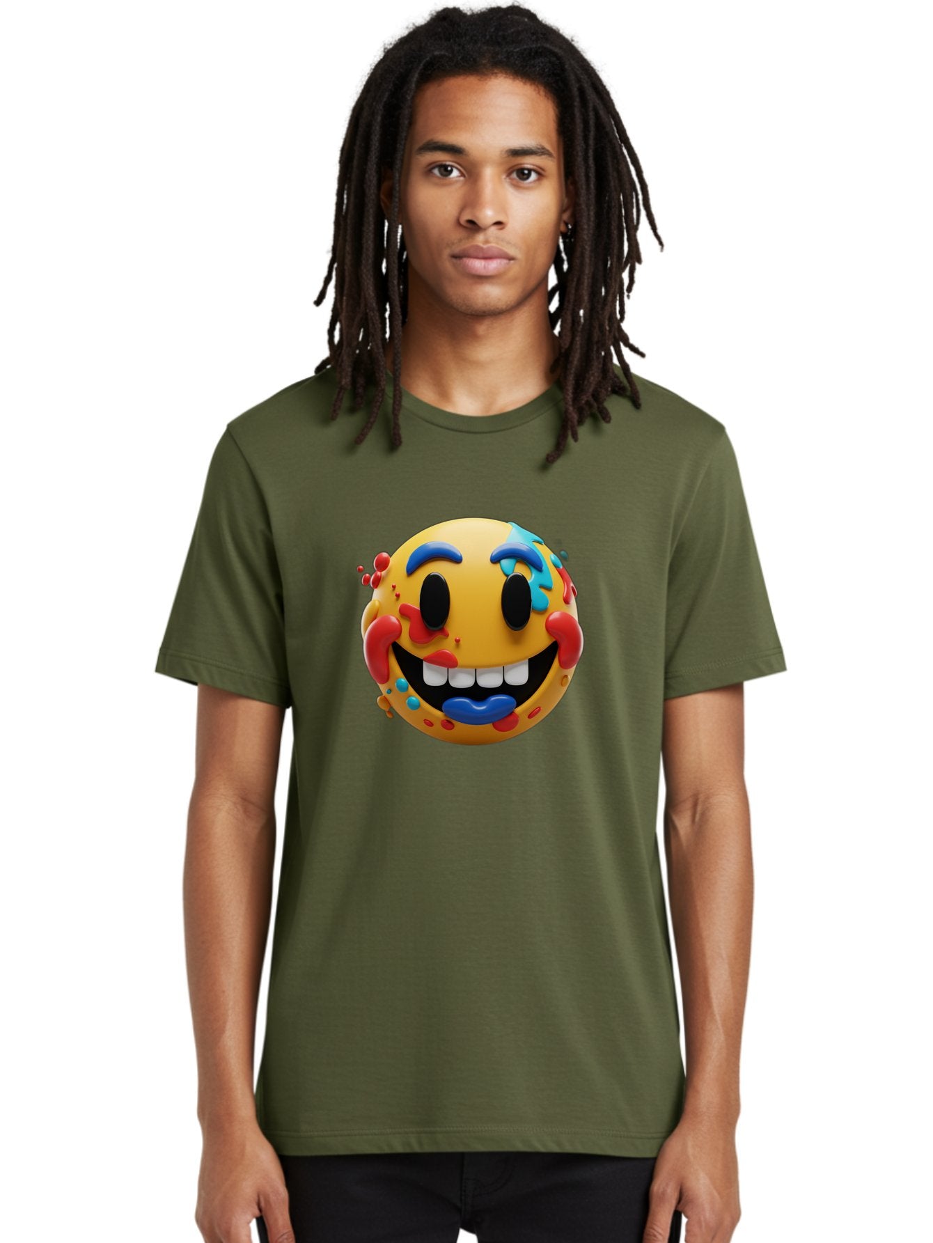 Splattered-Emoji Men'S Graphic Tee, 100% Cotton, Comfortable Casual Summer Wear, Machine Washable, 3D Smiley Face, Cartoon Character, Happy Expression, Vibrant Colors, Paint Splatters, Funny Emoji, Playful Design, Yellow Face, Blue Eyebrows, Bae775 29