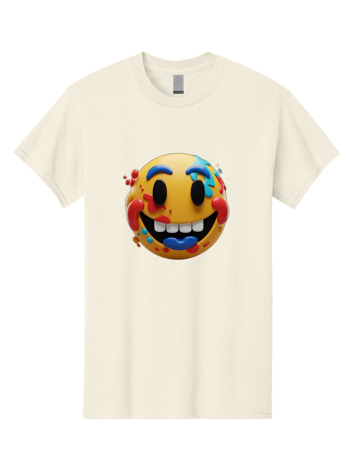 Splattered-Emoji Men'S Graphic Tee, 100% Cotton, Comfortable Casual Summer Wear, Machine Washable, 3D Smiley Face, Cartoon Character, Happy Expression, Vibrant Colors, Paint Splatters, Funny Emoji, Playful Design, Yellow Face, Blue Eyebrows, Bae775 15