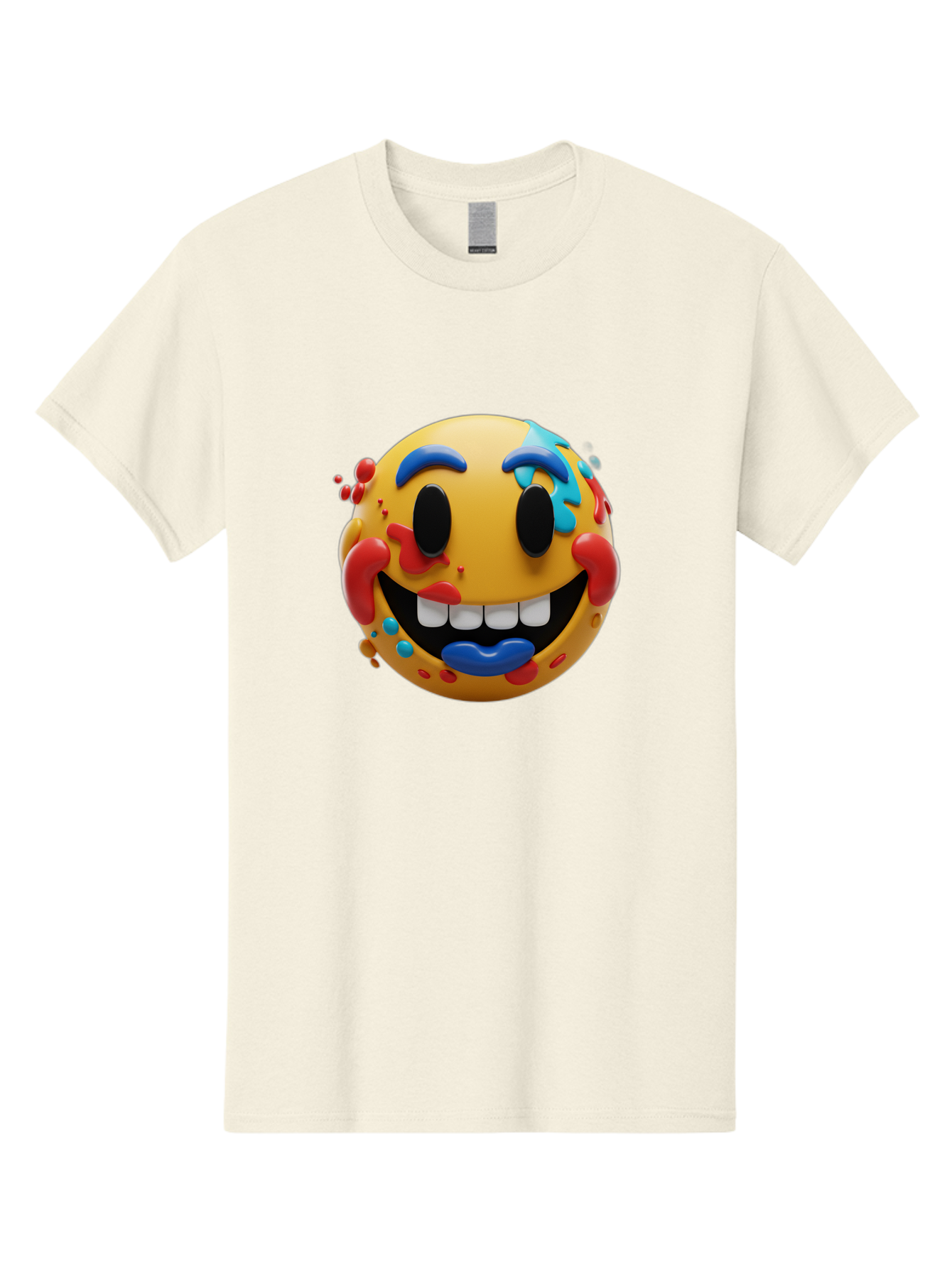 Splattered-Emoji Men'S Graphic Tee, 100% Cotton, Comfortable Casual Summer Wear, Machine Washable, 3D Smiley Face, Cartoon Character, Happy Expression, Vibrant Colors, Paint Splatters, Funny Emoji, Playful Design, Yellow Face, Blue Eyebrows, Bae775