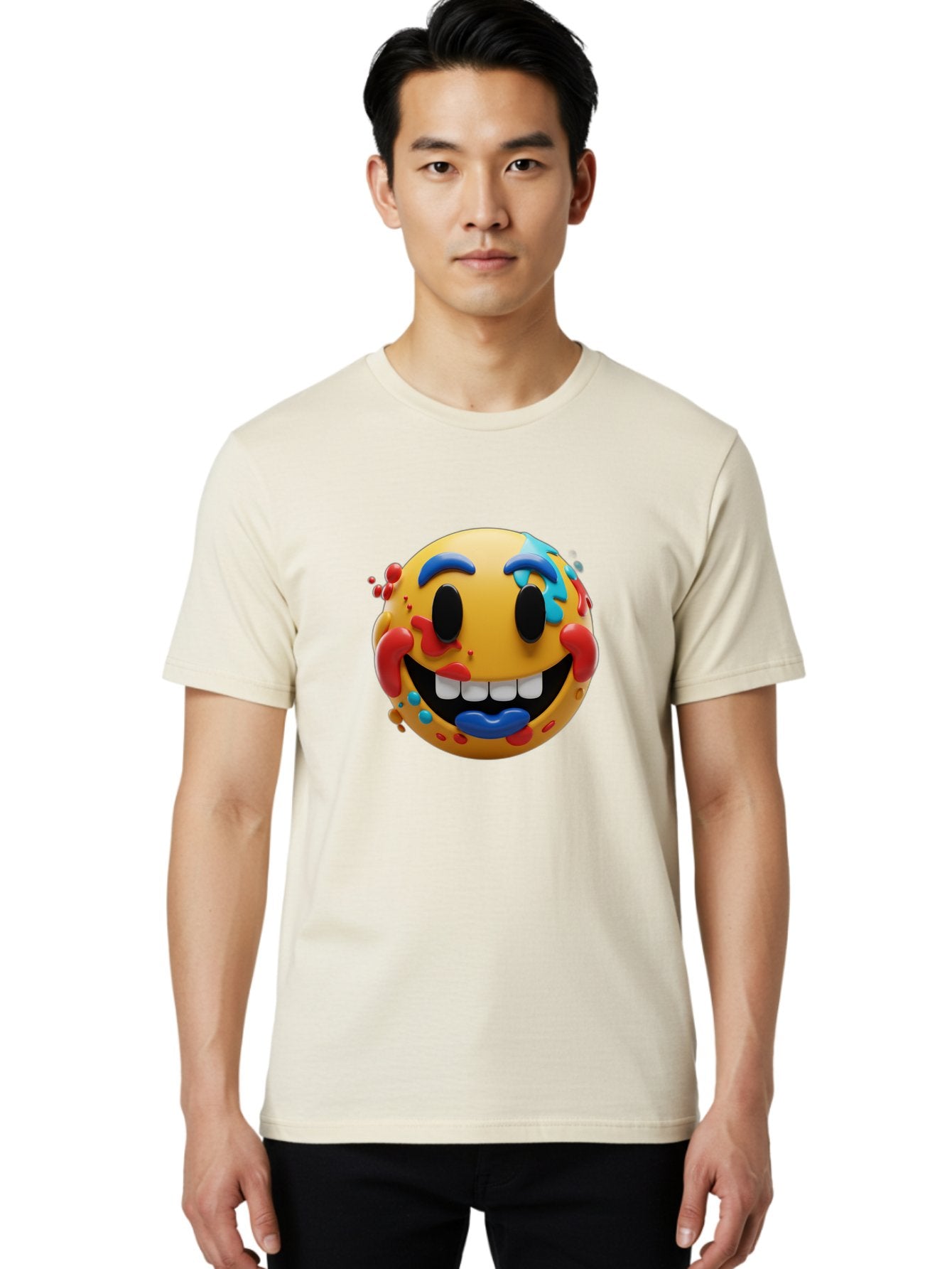 Splattered-Emoji Men'S Graphic Tee, 100% Cotton, Comfortable Casual Summer Wear, Machine Washable, 3D Smiley Face, Cartoon Character, Happy Expression, Vibrant Colors, Paint Splatters, Funny Emoji, Playful Design, Yellow Face, Blue Eyebrows, Bae775 30