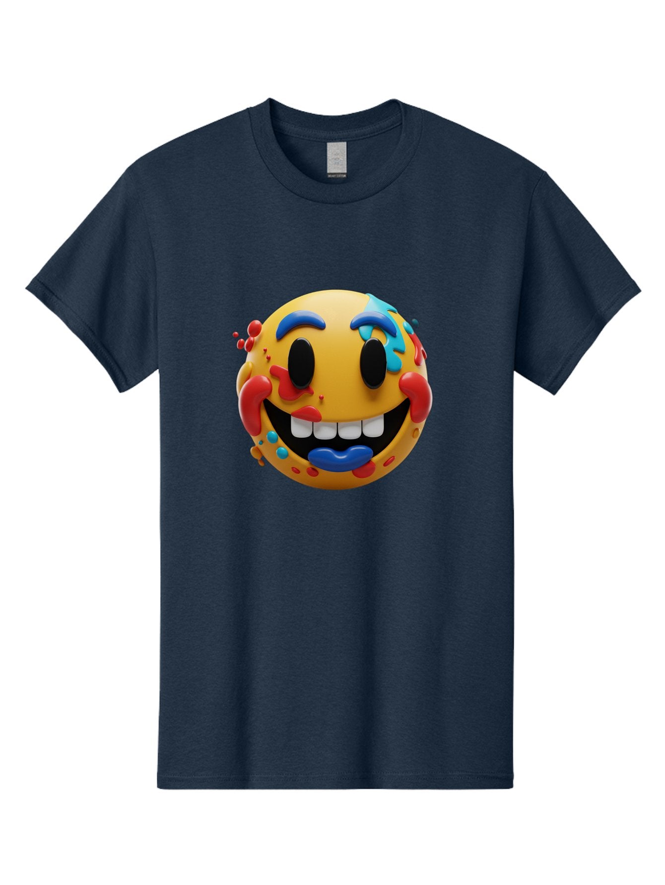 Splattered-Emoji Men'S Graphic Tee, 100% Cotton, Comfortable Casual Summer Wear, Machine Washable, 3D Smiley Face, Cartoon Character, Happy Expression, Vibrant Colors, Paint Splatters, Funny Emoji, Playful Design, Yellow Face, Blue Eyebrows, Bae775 5