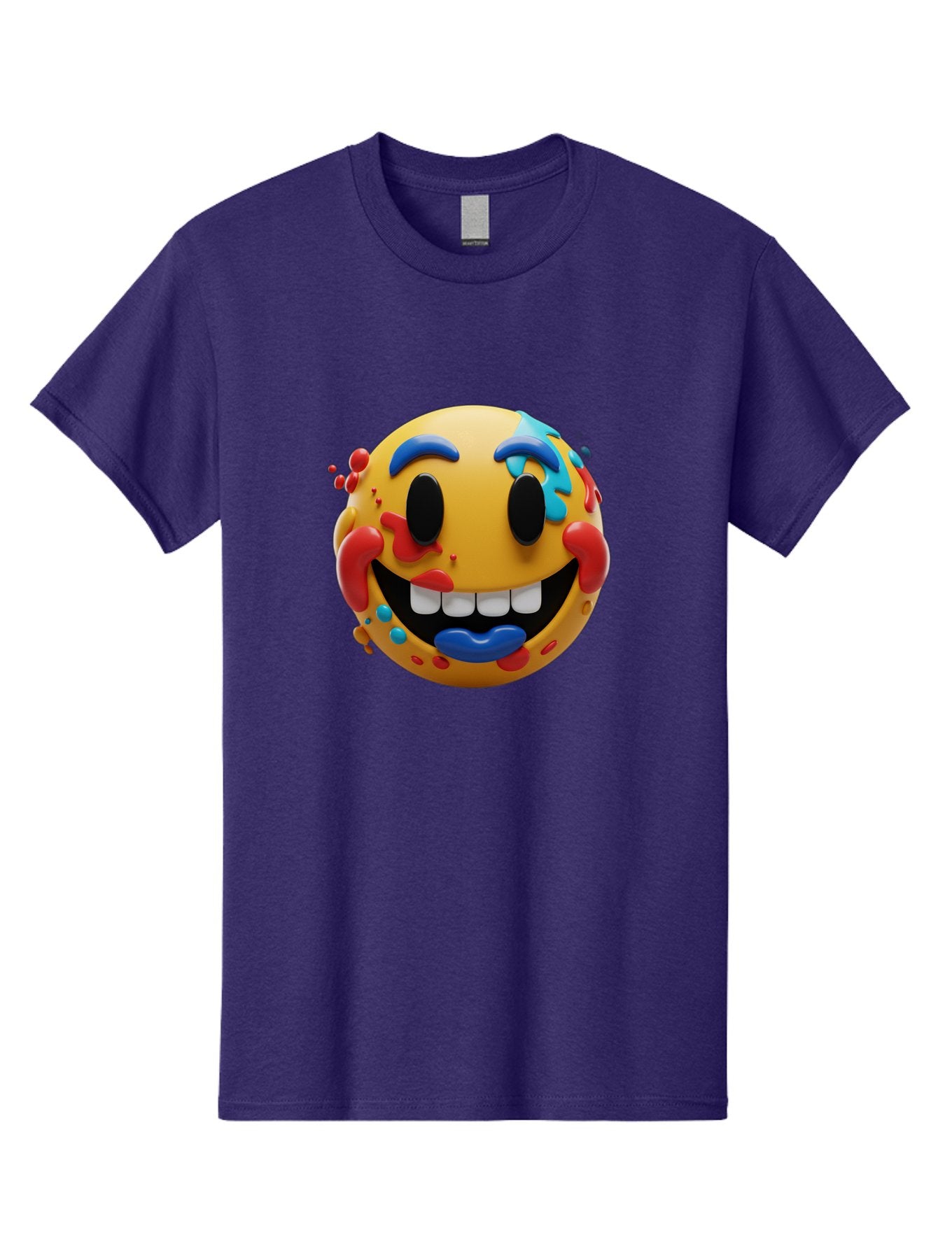 Splattered-Emoji Men'S Graphic Tee, 100% Cotton, Comfortable Casual Summer Wear, Machine Washable, 3D Smiley Face, Cartoon Character, Happy Expression, Vibrant Colors, Paint Splatters, Funny Emoji, Playful Design, Yellow Face, Blue Eyebrows, Bae775 4