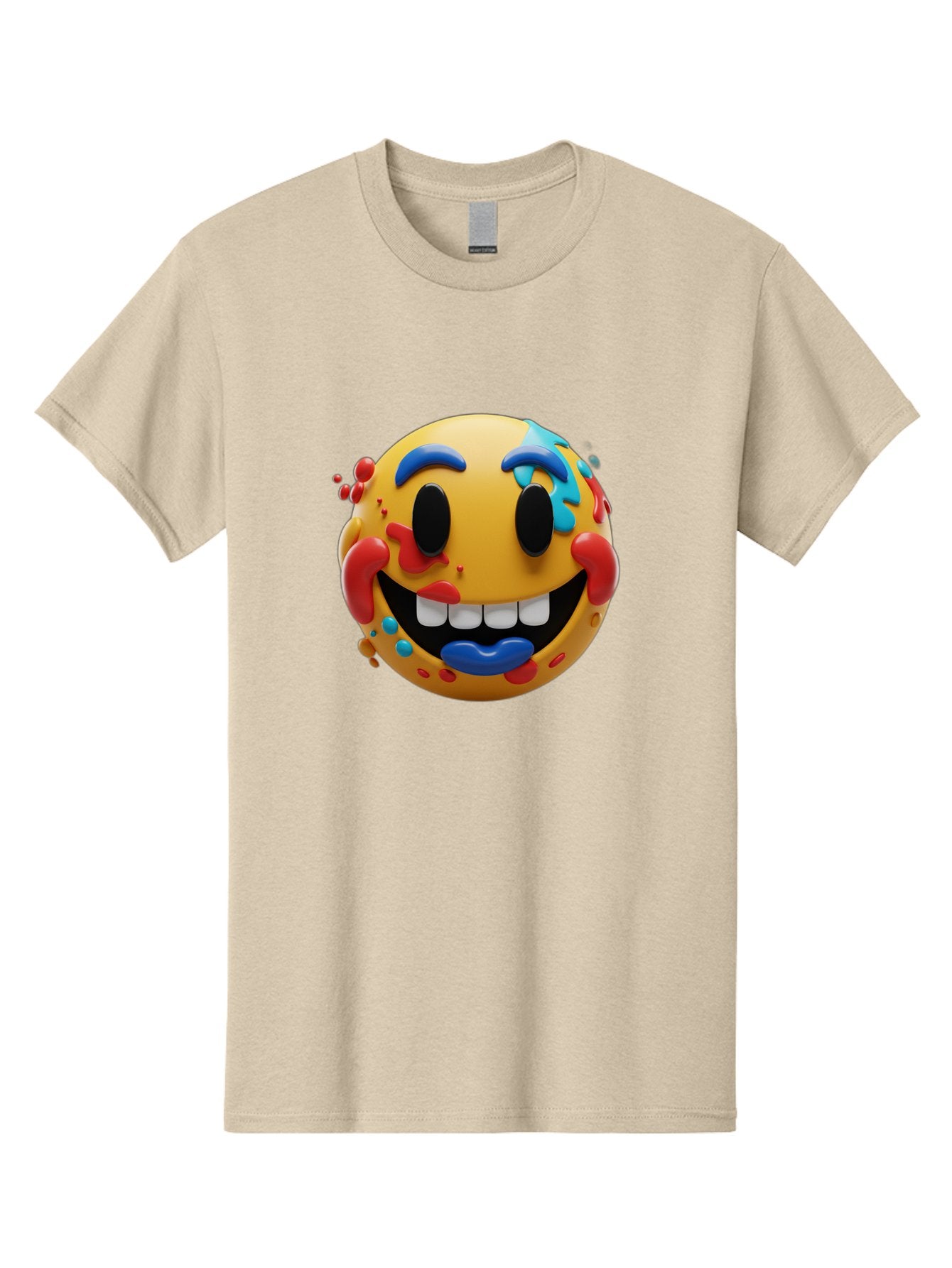 Splattered-Emoji Men'S Graphic Tee, 100% Cotton, Comfortable Casual Summer Wear, Machine Washable, 3D Smiley Face, Cartoon Character, Happy Expression, Vibrant Colors, Paint Splatters, Funny Emoji, Playful Design, Yellow Face, Blue Eyebrows, Bae775 12