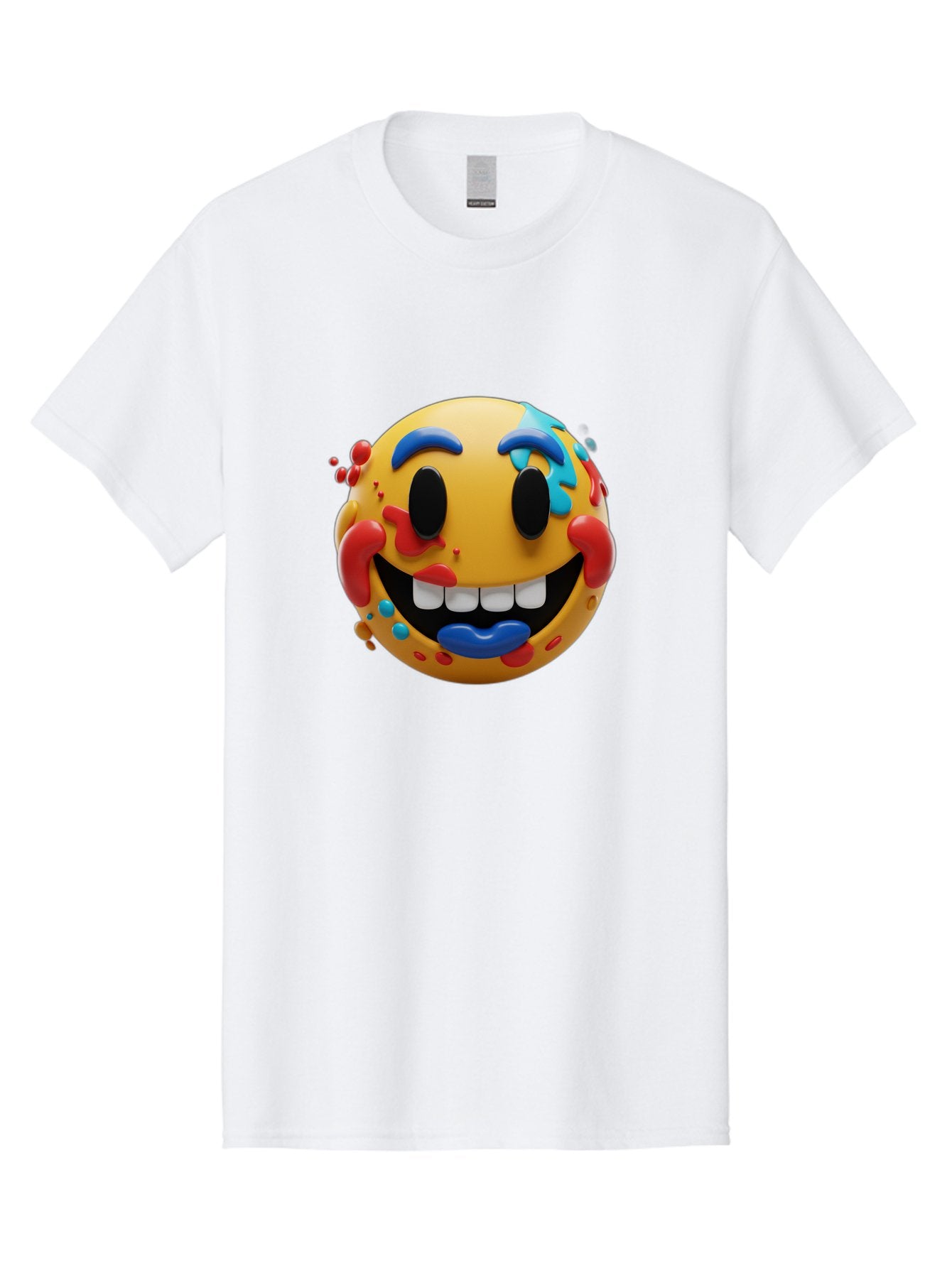 Splattered-Emoji Men'S Graphic Tee, 100% Cotton, Comfortable Casual Summer Wear, Machine Washable, 3D Smiley Face, Cartoon Character, Happy Expression, Vibrant Colors, Paint Splatters, Funny Emoji, Playful Design, Yellow Face, Blue Eyebrows, Bae775
