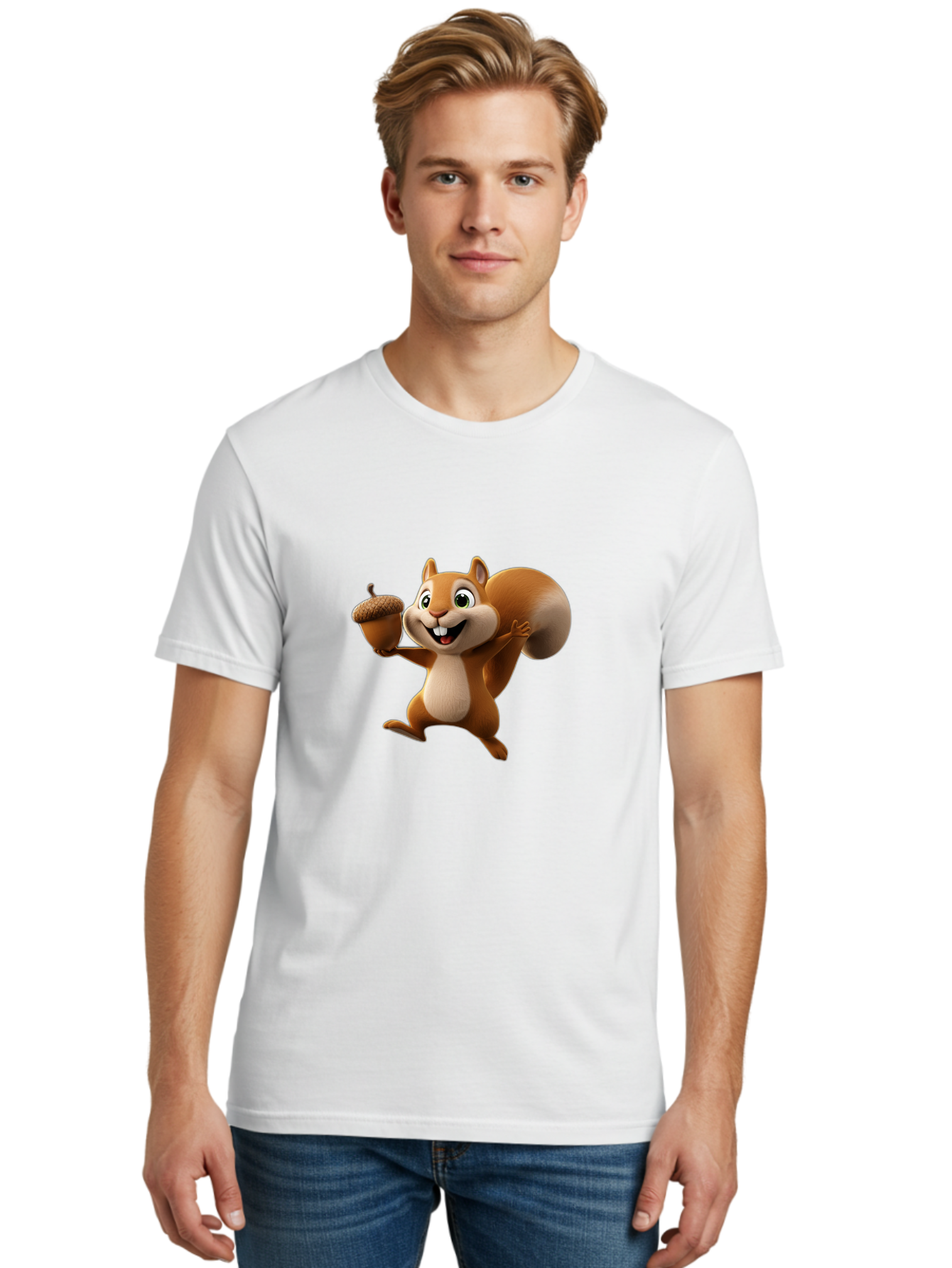 Squirrel-With-Acorn Men'S Graphic Tee, 100% Cotton, Comfortable Casual Summer Wear, Machine Washable, Cartoon Squirrel, Happy Squirrel, Acorn, Forest Animal, Cute Cartoon Character, Squirrel Character, Funny Squirrel, Squirrel Graphics Bae776 25