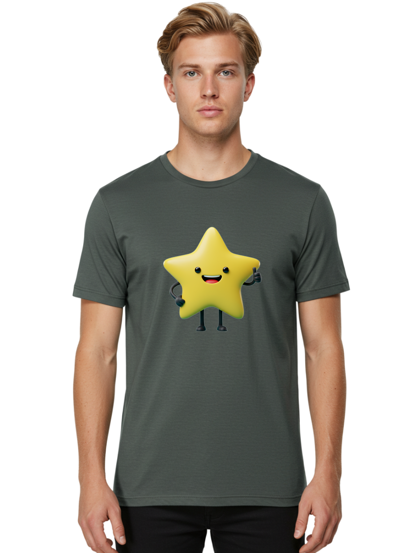 Star-Character-1 Men'S Graphic Tee, 100% Cotton, Comfortable Casual Summer Wear, Machine Washable, Smiling Star Character, Cartoon Star, 3D Illustration, Happy Face, Cute Character Design, Yellow Star, Star With Arms And Legs, Funny Graphics, Bae777 23