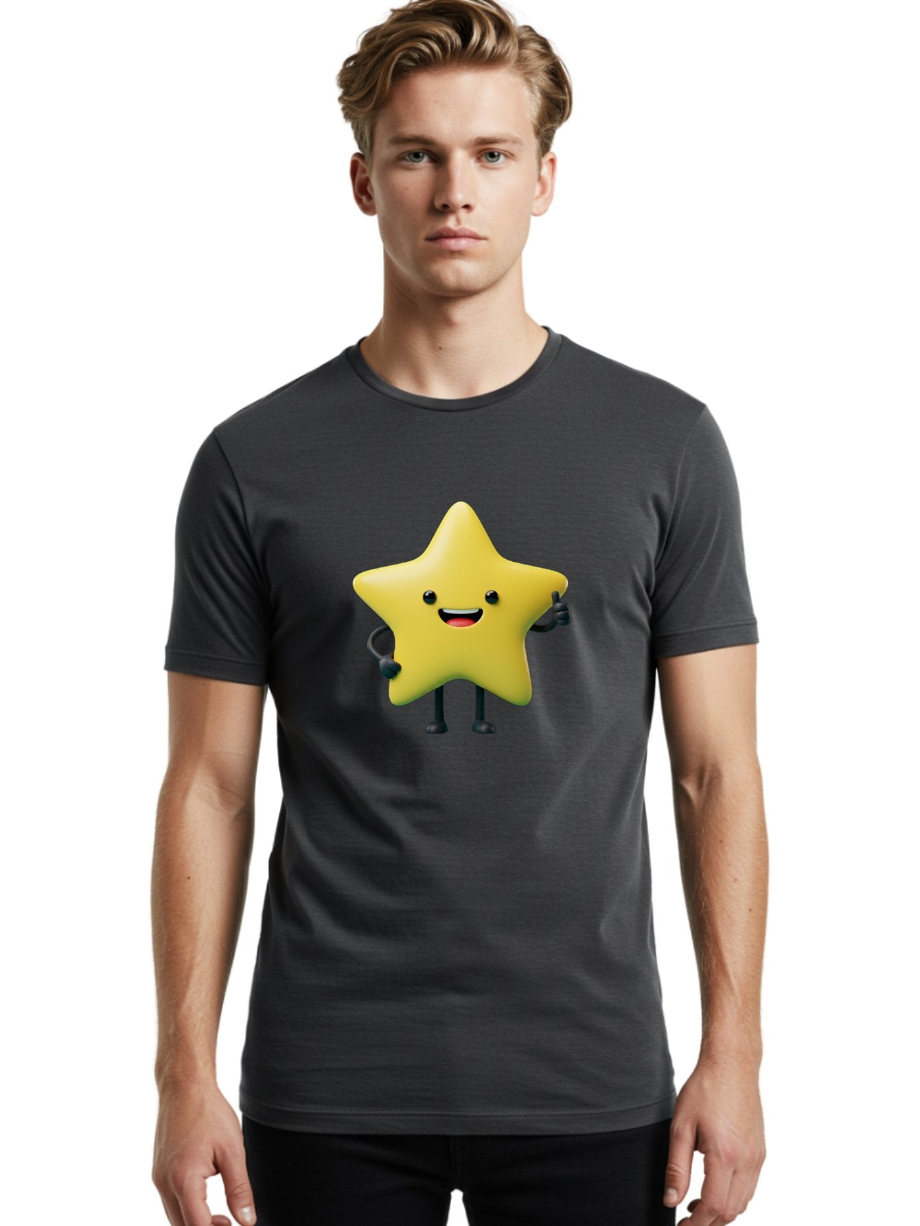 Star-Character-1 Men'S Graphic Tee, 100% Cotton, Comfortable Casual Summer Wear, Machine Washable, Smiling Star Character, Cartoon Star, 3D Illustration, Happy Face, Cute Character Design, Yellow Star, Star With Arms And Legs, Funny Graphics, Bae777 24
