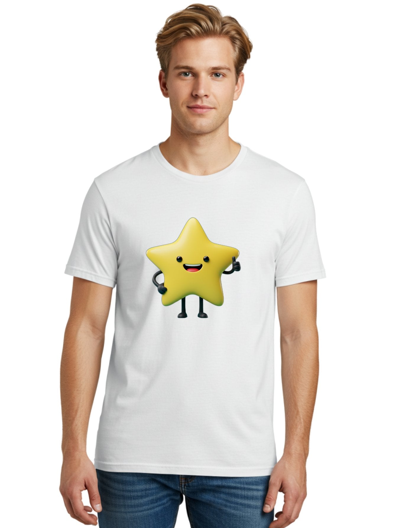 Star-Character-1 Men'S Graphic Tee, 100% Cotton, Comfortable Casual Summer Wear, Machine Washable, Smiling Star Character, Cartoon Star, 3D Illustration, Happy Face, Cute Character Design, Yellow Star, Star With Arms And Legs, Funny Graphics, Bae777 18