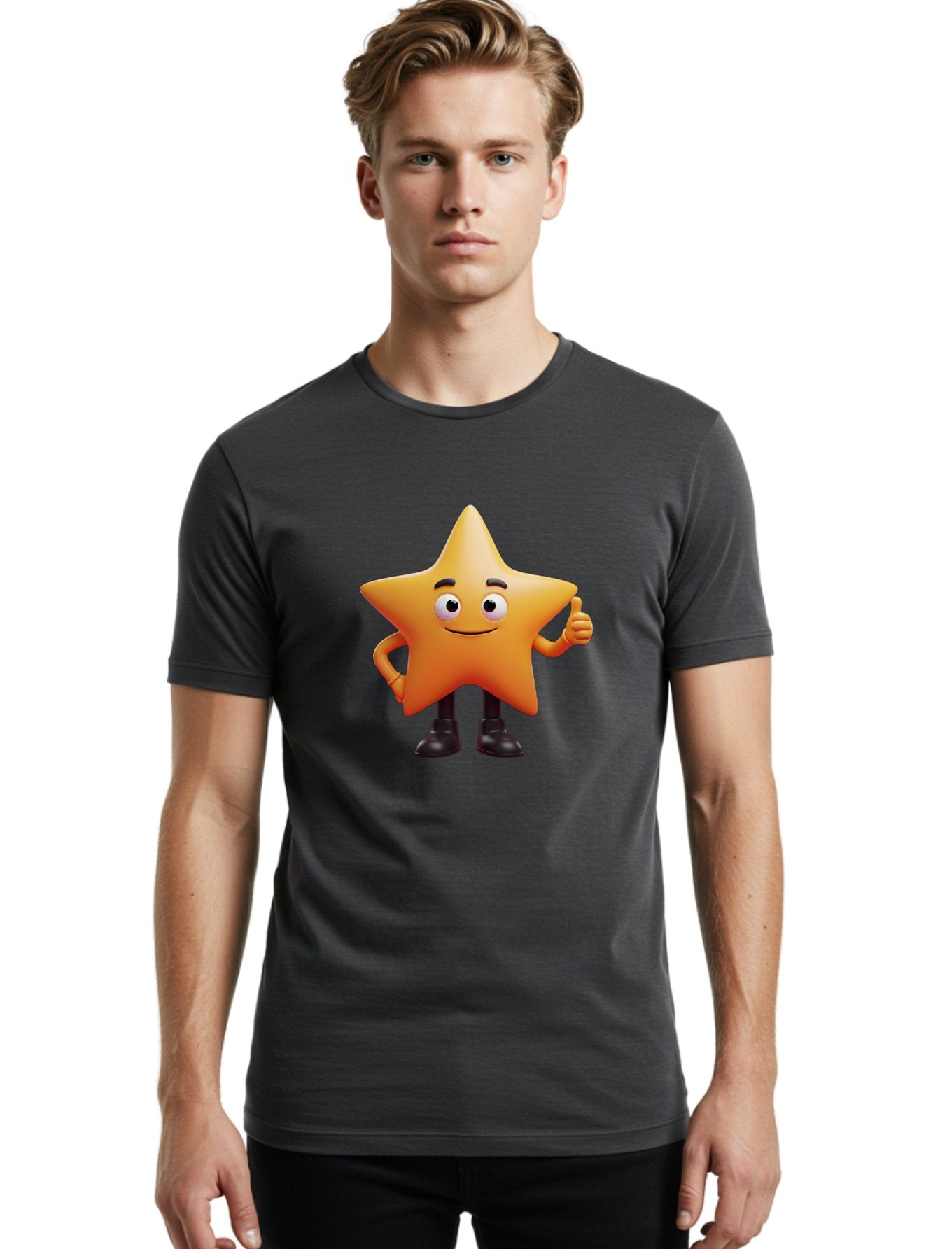 Star-Character-2 Men'S Graphic Tee, 100% Cotton, Comfortable Casual Summer Wear, Machine Washable, Cartoon Star, Smiling Face, Thumbs Up, Positive Attitude, Friendly Character, 3D Illustration, Animated Star, Hand Gesture, Black Shoes Bae778 17