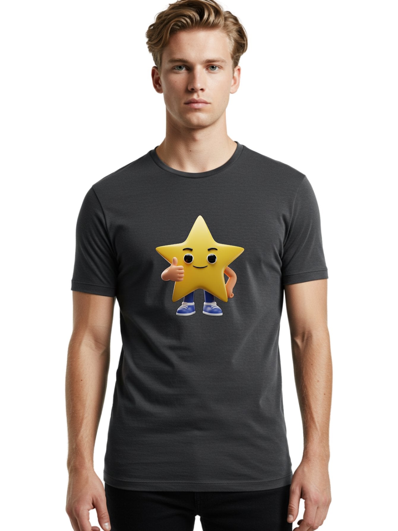 Star-Character-3 Men'S Graphic Tee, 100% Cotton, Comfortable Casual Summer Wear, Machine Washable, Yellow Star Character, Thumbs Up Gesture, Smiling Face, Blue Shoes, Childrens Illustration, Cartoon Style, Friendly Demeanor, Positive Vibe Bae779 25
