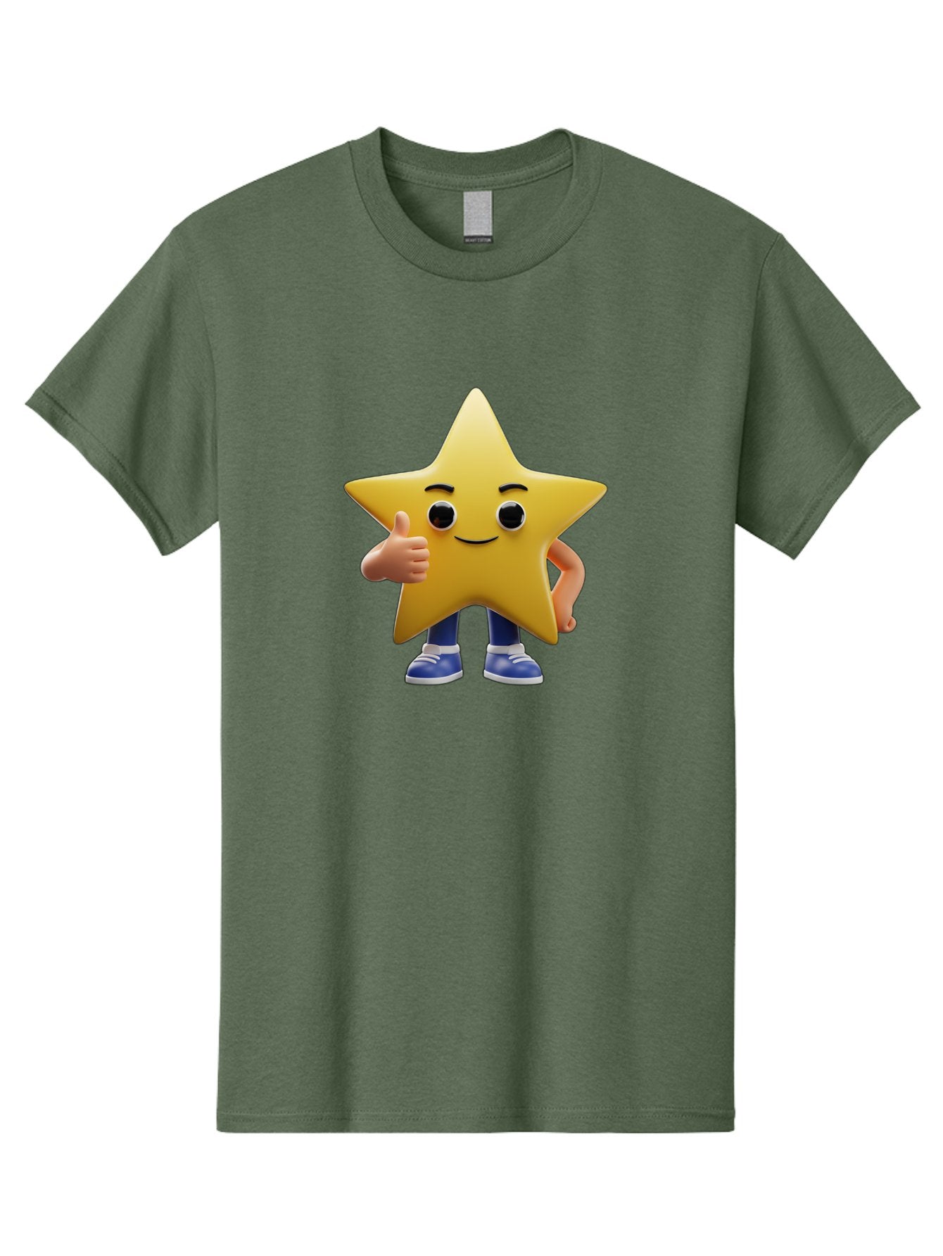 Star-Character-3 Men'S Graphic Tee, 100% Cotton, Comfortable Casual Summer Wear, Machine Washable, Yellow Star Character, Thumbs Up Gesture, Smiling Face, Blue Shoes, Childrens Illustration, Cartoon Style, Friendly Demeanor, Positive Vibe Bae779