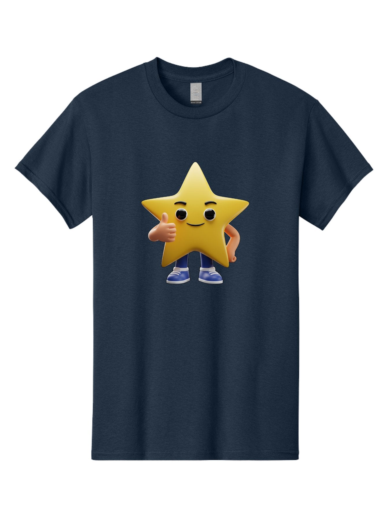 Star-Character-3 Men'S Graphic Tee, 100% Cotton, Comfortable Casual Summer Wear, Machine Washable, Yellow Star Character, Thumbs Up Gesture, Smiling Face, Blue Shoes, Childrens Illustration, Cartoon Style, Friendly Demeanor, Positive Vibe Bae779
