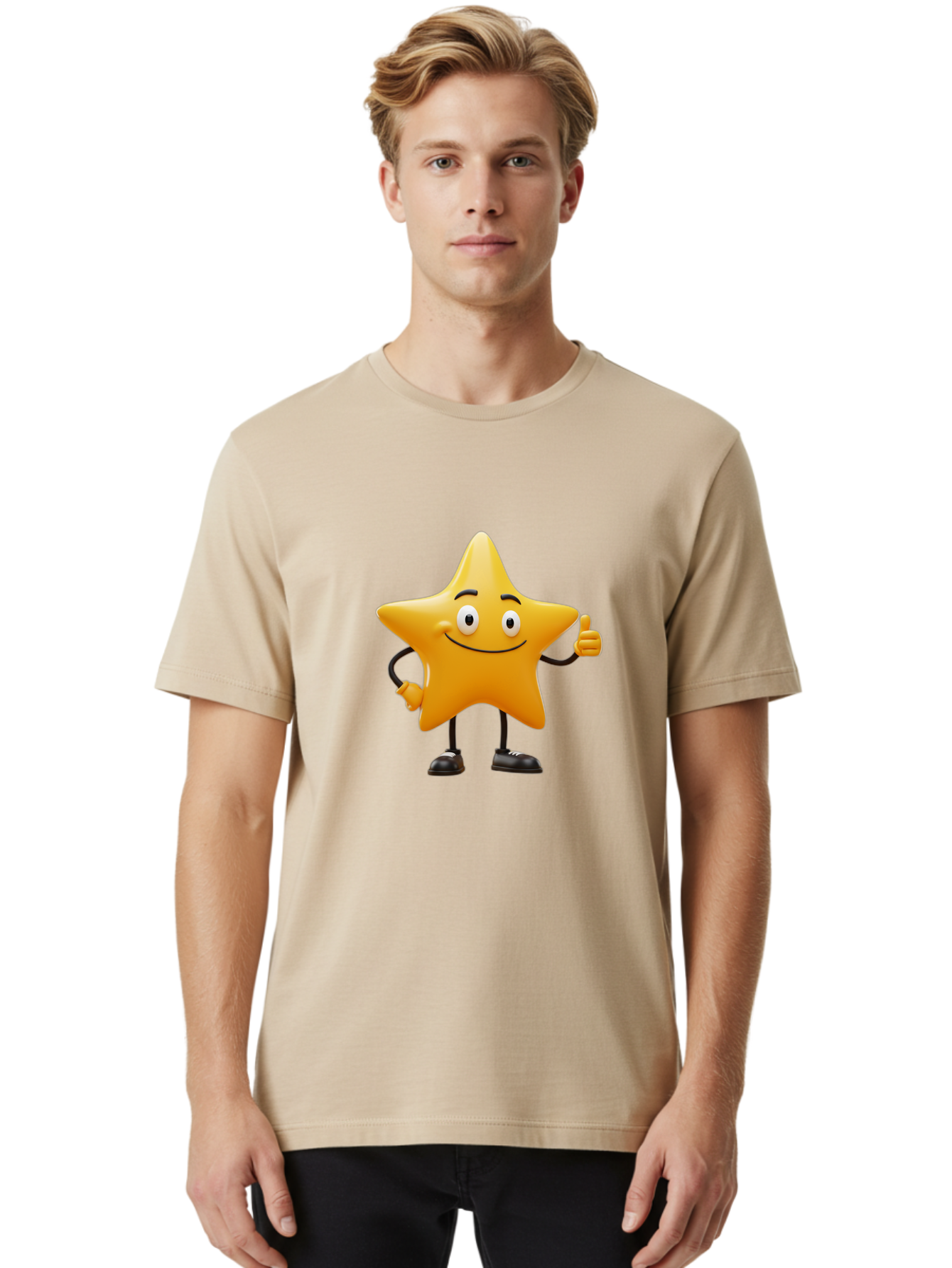 Star-Character-4 Men'S Graphic Tee, 100% Cotton, Comfortable Casual Summer Wear, Machine Washable, Smiling Star Character, Thumbs Up Gesture, Cartoon Style, Yellow Star, Funny Face, Animated Illustration, Friendly Demeanor, Positive Vibes, Bae780 19