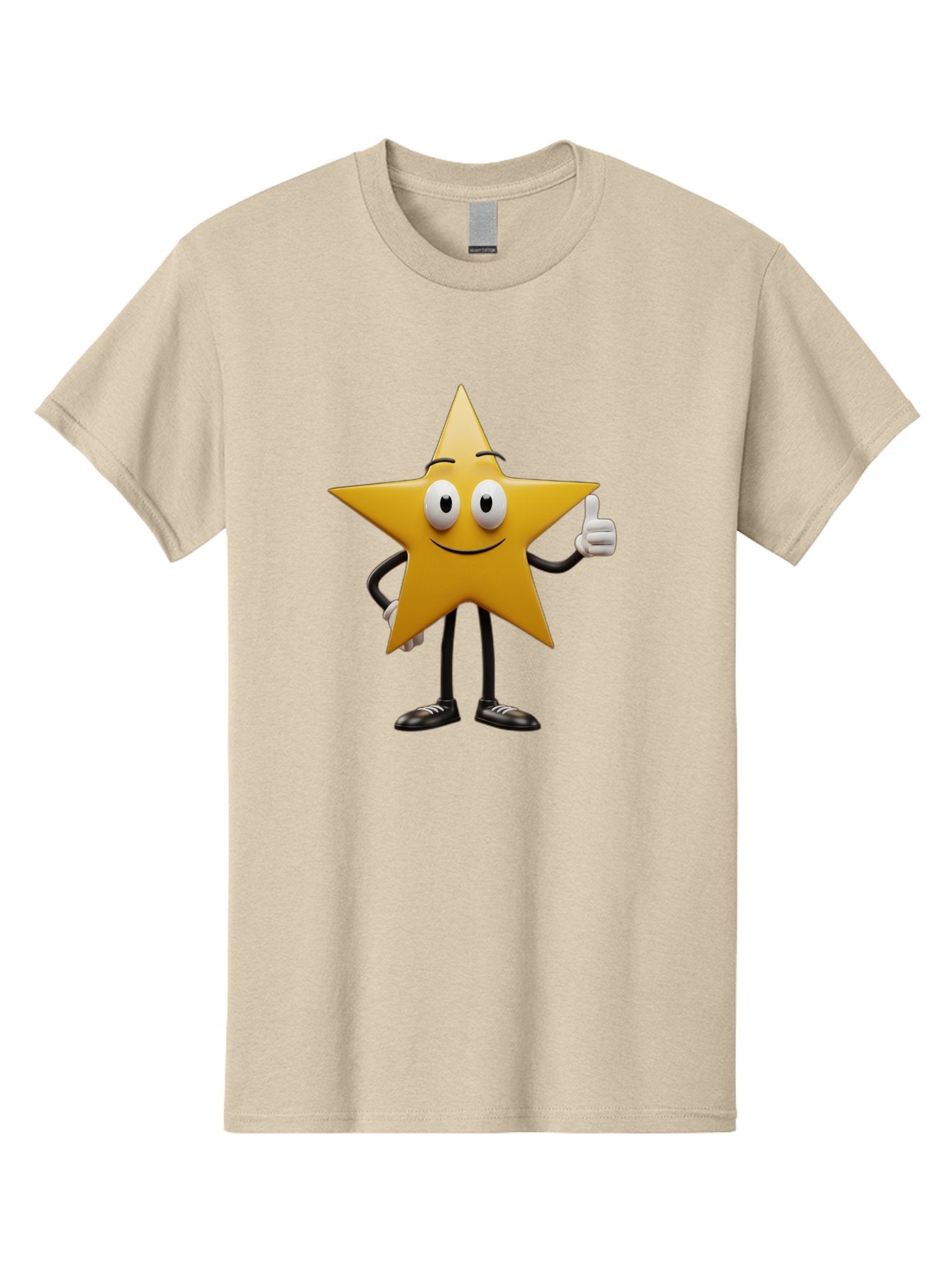 Star-Character-6 Men'S Graphic Tee, 100% Cotton, Comfortable Casual Summer Wear, Machine Washable, Smiling Star Character, Thumbs Up Gesture, Cartoon Style, Friendly Expression, Happy Mood, Positive Vibes, Yellow Star, Black Legs And Shoes, Bae782