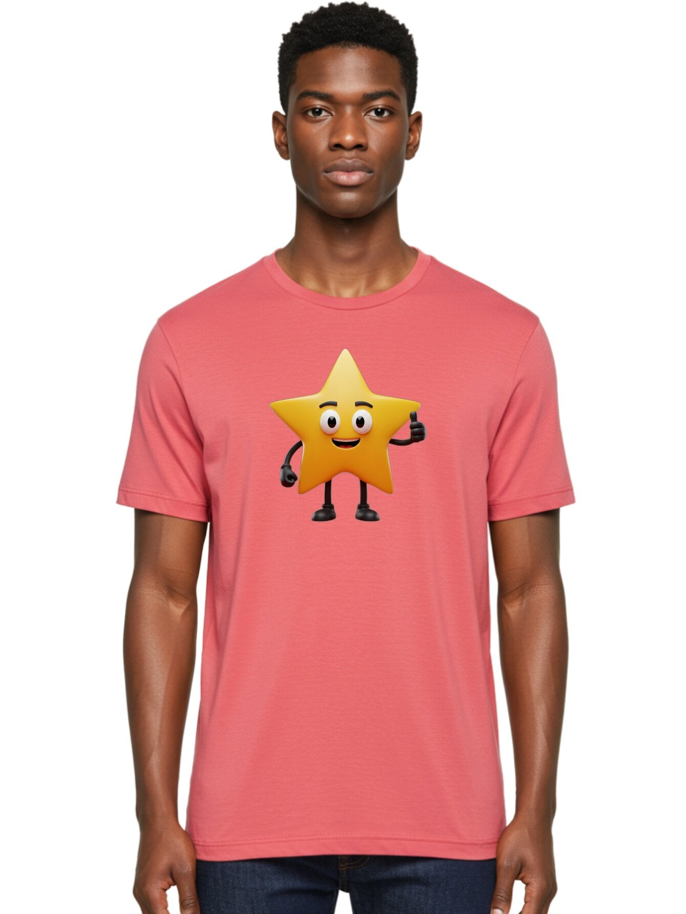 Star-Character Men'S Graphic Tee, 100% Cotton, Comfortable Casual Summer Wear, Machine Washable, Cartoon Star, Yellow Star, Smiling Face, Thumbs Up, Positive Attitude, Friendly Character, Animated Graphic, Happy Star, Star Character, Bae784 24