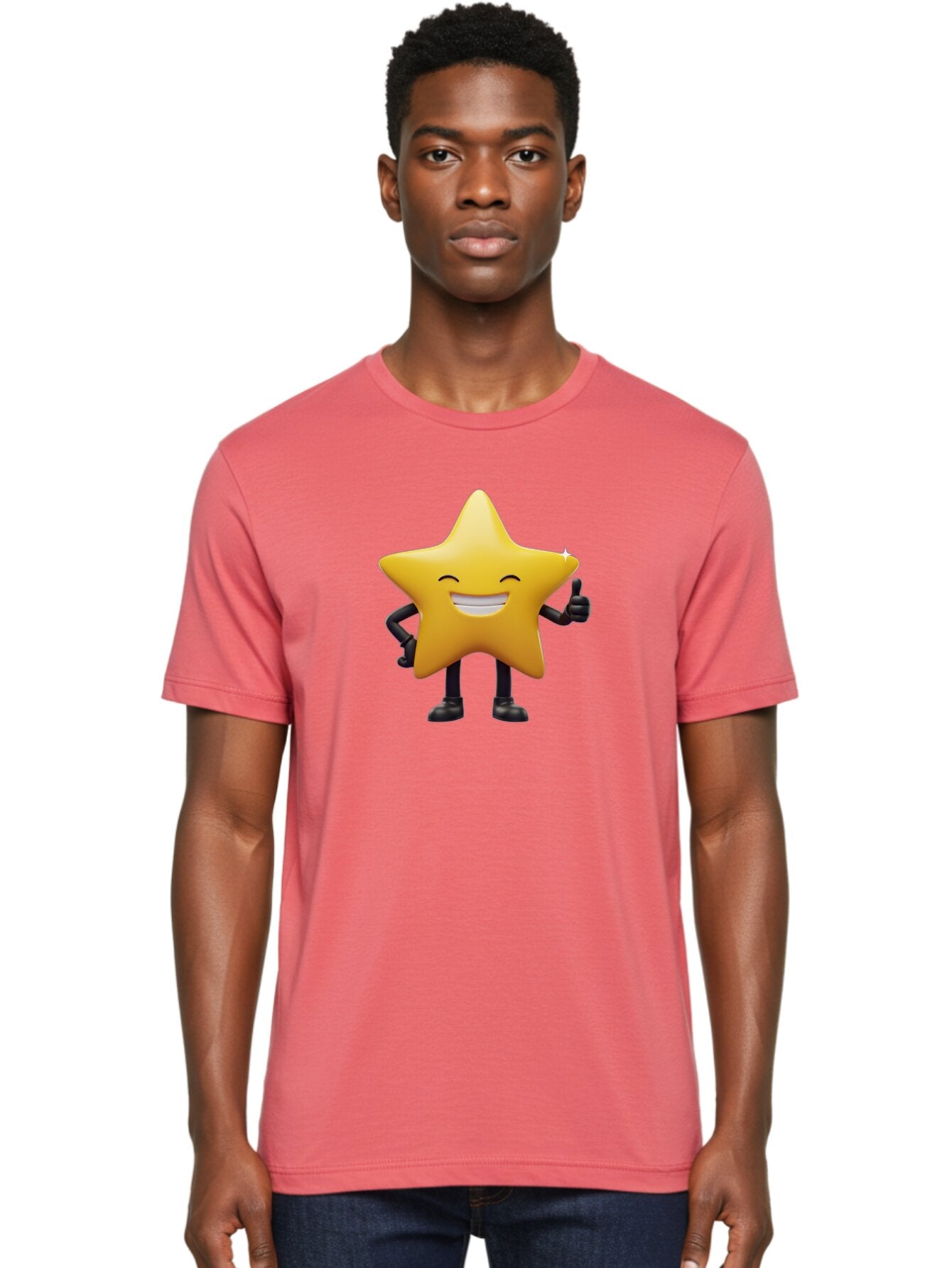 Star-Emoji Men'S Graphic Tee, 100% Cotton, Comfortable Casual Summer Wear, Machine Washable, Smiling Star, Thumbs Up, Happy Face, Cartoon Character, Black Limbs, Yellow Body, Friendly Gesture, Positive Attitude, Cute Emoji, Star Icon Bae785 21