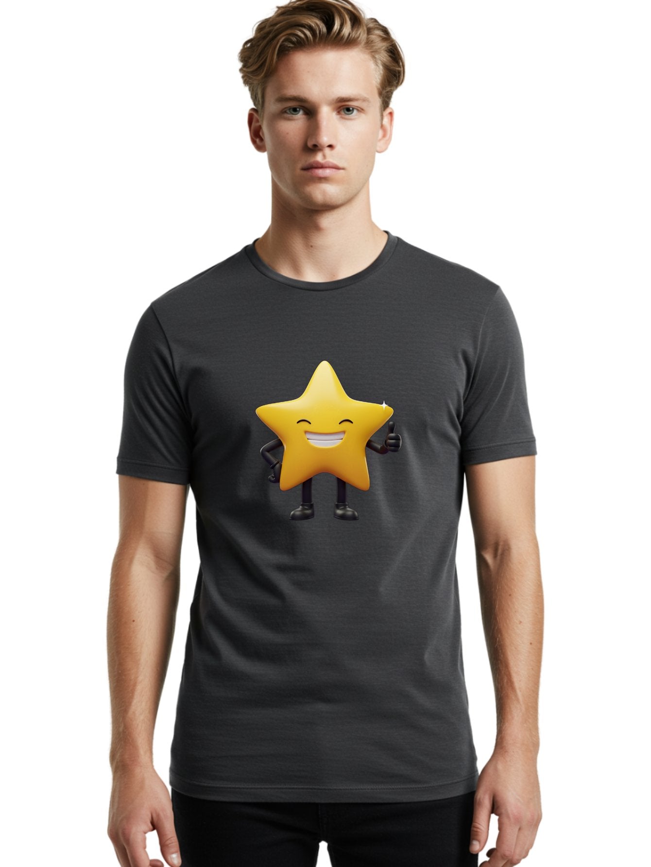 Star-Emoji Men'S Graphic Tee, 100% Cotton, Comfortable Casual Summer Wear, Machine Washable, Smiling Star, Thumbs Up, Happy Face, Cartoon Character, Black Limbs, Yellow Body, Friendly Gesture, Positive Attitude, Cute Emoji, Star Icon Bae785 25