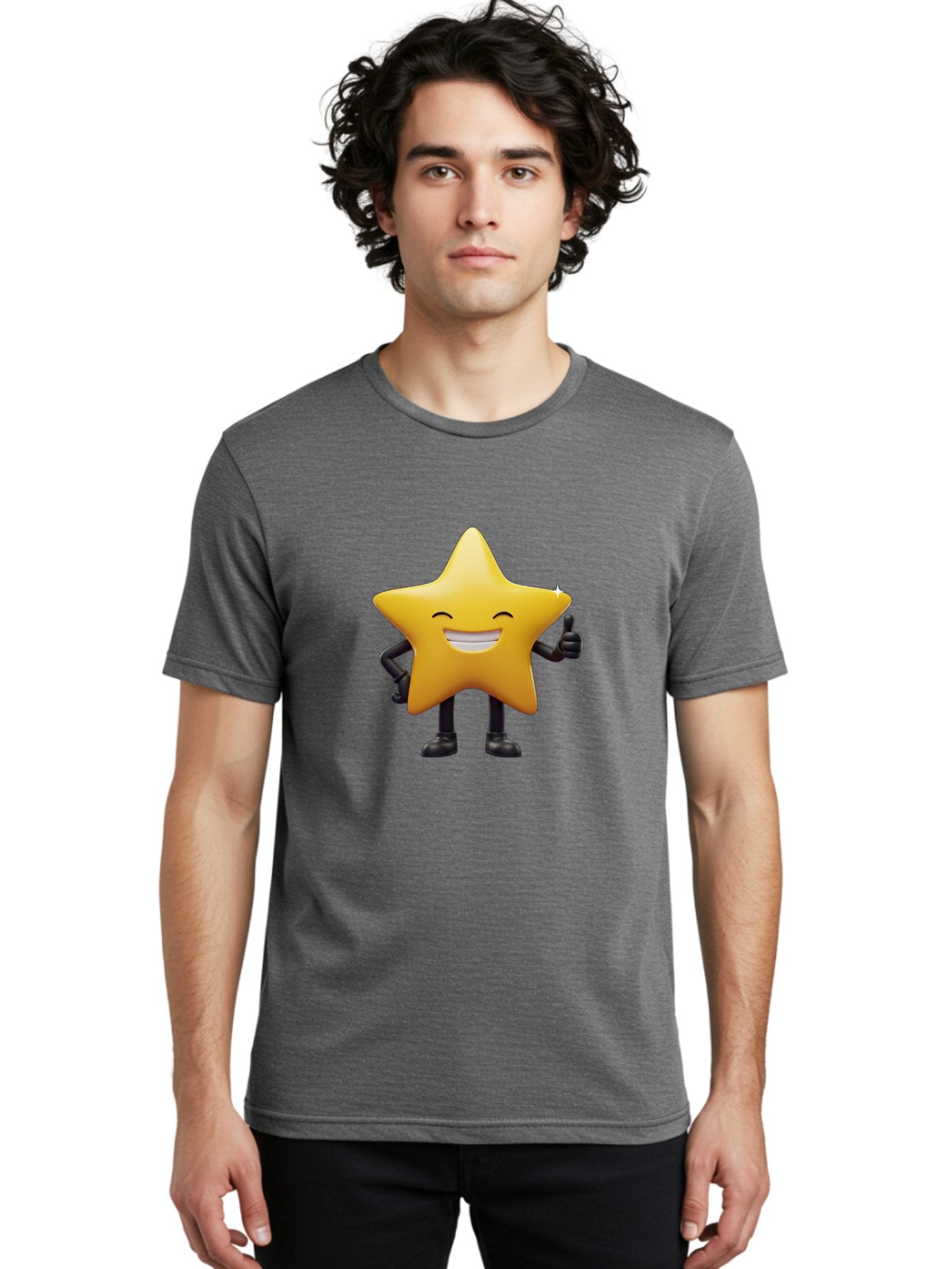 Star-Emoji Men'S Graphic Tee, 100% Cotton, Comfortable Casual Summer Wear, Machine Washable, Smiling Star, Thumbs Up, Happy Face, Cartoon Character, Black Limbs, Yellow Body, Friendly Gesture, Positive Attitude, Cute Emoji, Star Icon Bae785 26
