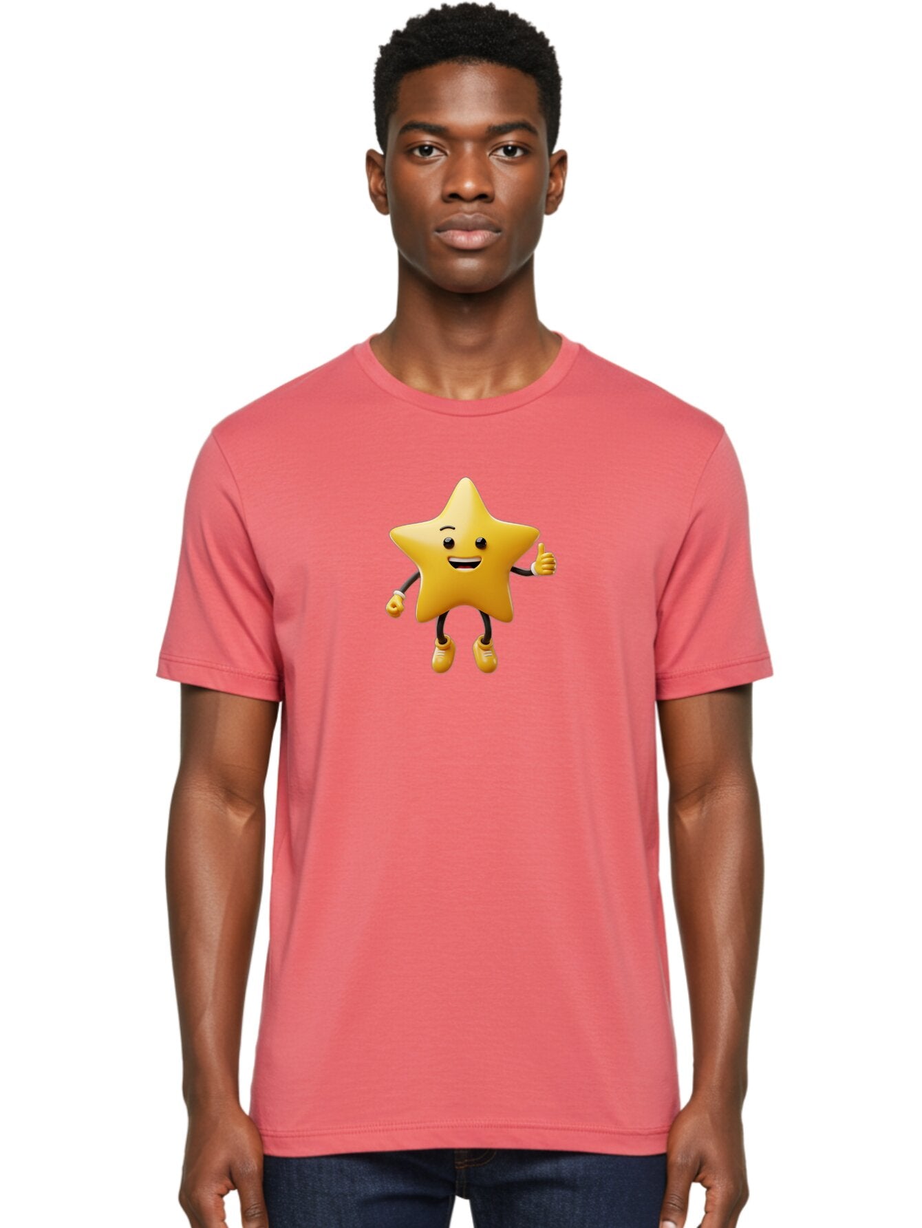 Star-Mascot Men'S Graphic Tee, 100% Cotton, Comfortable Casual Summer Wear, Machine Washable, Smiling Star Character, Thumbs Up Gesture, Cartoon Style, Happy Expression, Yellow Star, 3D Rendering, Cute Mascot, Animated Character, Bae786 16