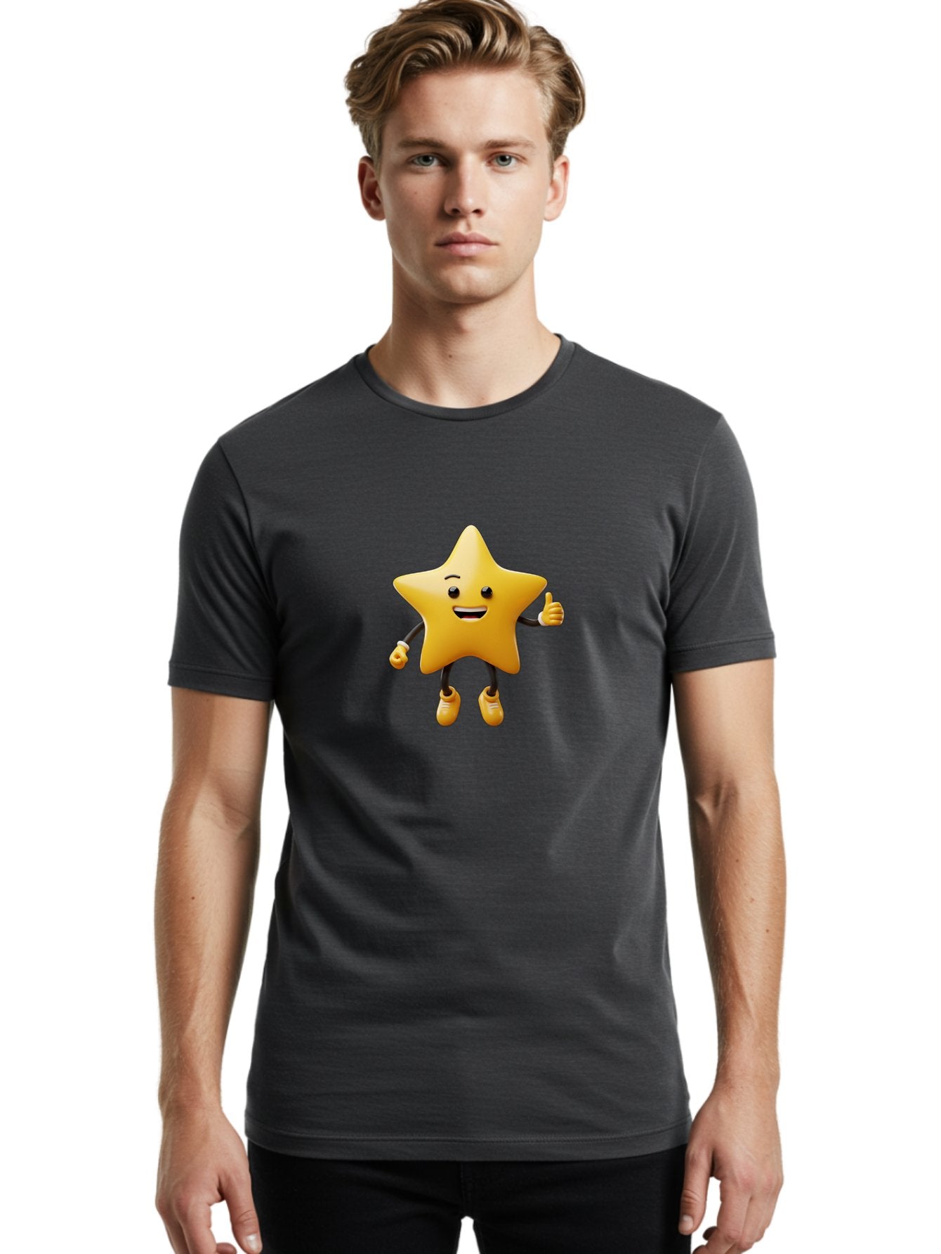 Star-Mascot Men'S Graphic Tee, 100% Cotton, Comfortable Casual Summer Wear, Machine Washable, Smiling Star Character, Thumbs Up Gesture, Cartoon Style, Happy Expression, Yellow Star, 3D Rendering, Cute Mascot, Animated Character, Bae786 24