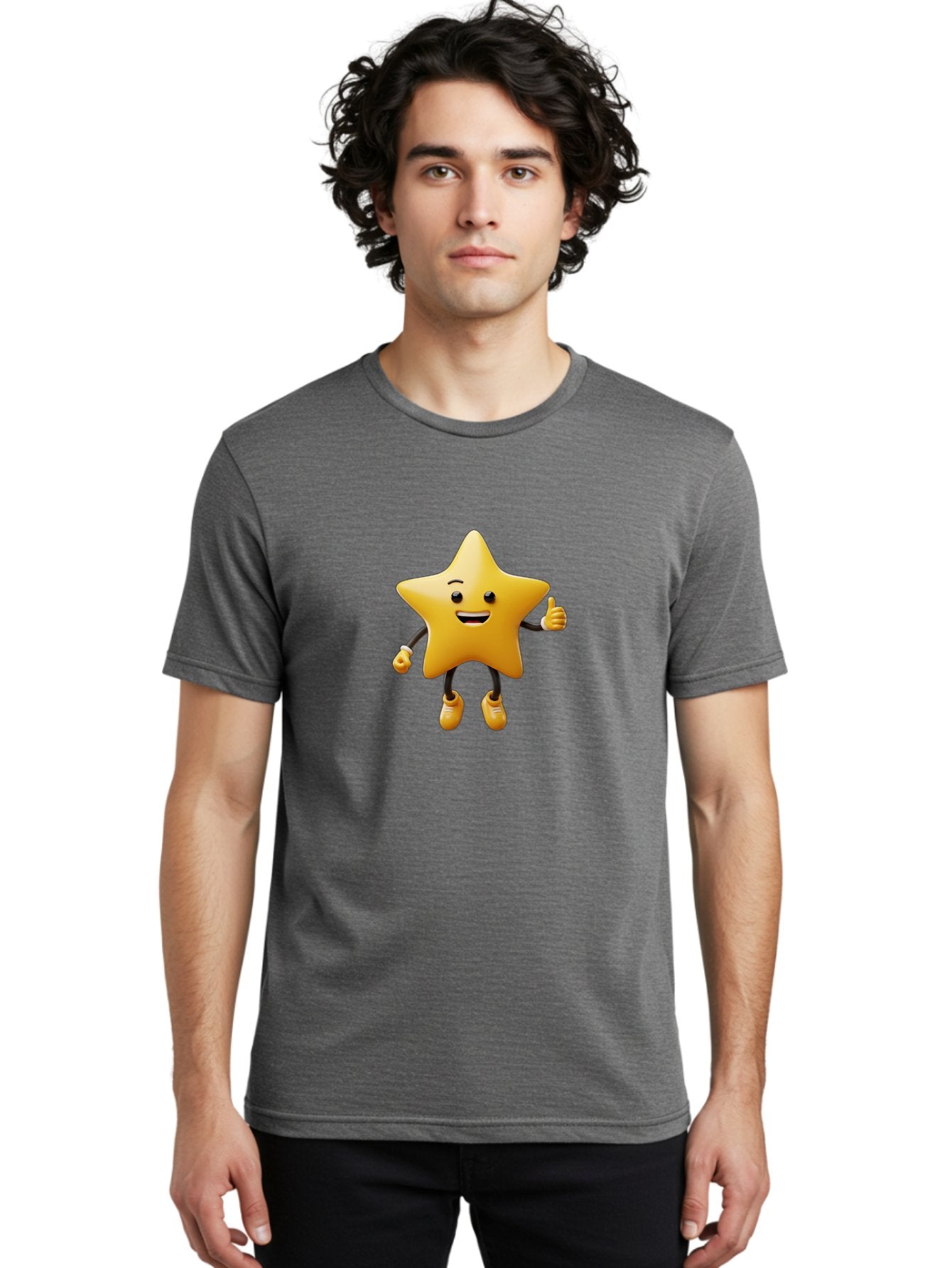 Star-Mascot Men'S Graphic Tee, 100% Cotton, Comfortable Casual Summer Wear, Machine Washable, Smiling Star Character, Thumbs Up Gesture, Cartoon Style, Happy Expression, Yellow Star, 3D Rendering, Cute Mascot, Animated Character, Bae786 27