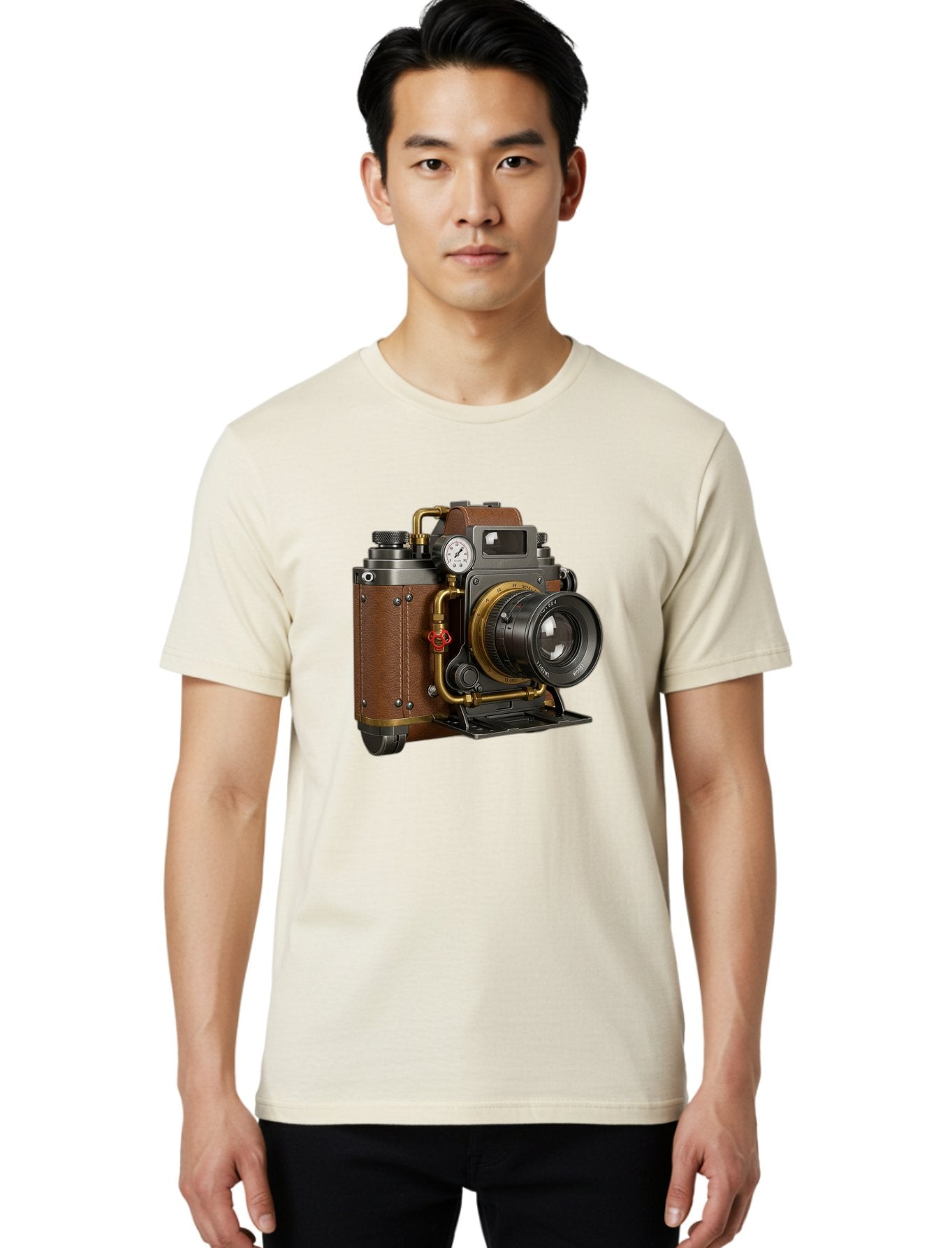 Steampunk-Camera Men'S Graphic Tee, 100% Cotton, Comfortable Casual Summer Wear, Machine Washable, Vintage Camera, Steampunk Design, Antique Photography, Retro Technology, Industrial Elements, Leather Wrapping, Brass Accents, Creative Art, Bae787 18
